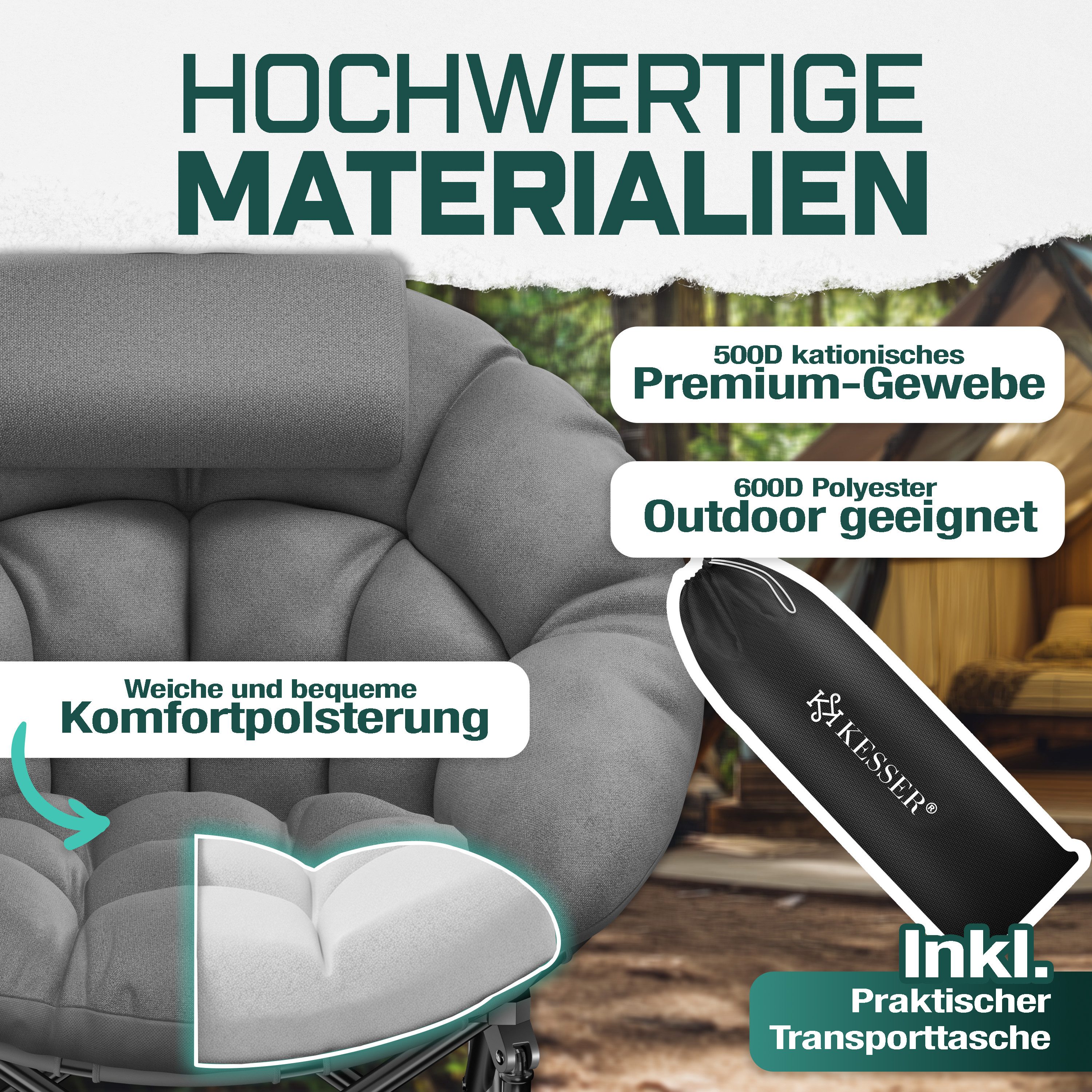 KESSER Campingstuhl XXL faltbar, bis 150 kg, inkl. Kissen, Seitentasche & Cover, Outdoor + Indoor für Camping, Angeln, Festival & Strand – Bild 3 von 5