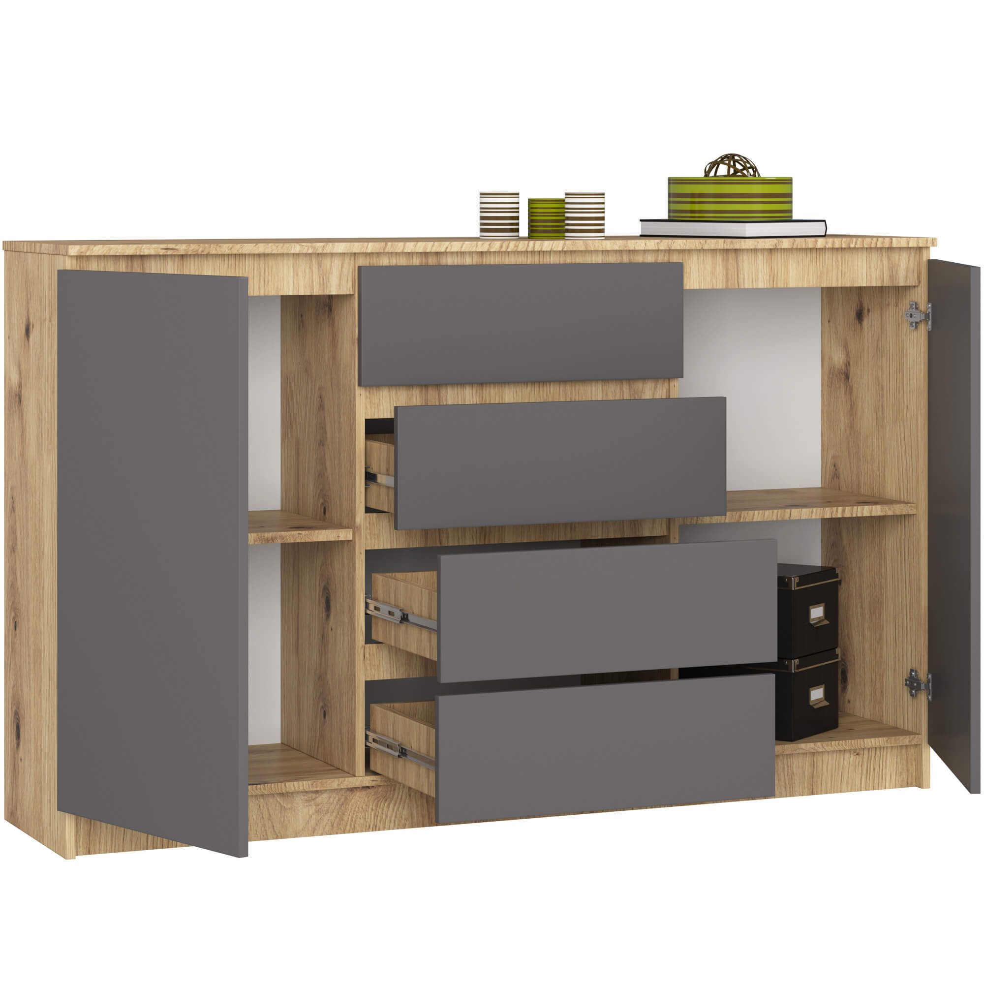 Kommode mit 4 Schubladen, zwei Schranktüren, 160 cm breit Holz Schrank