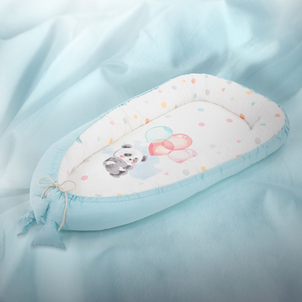 Joyz Babybett Baby Nestchen mit Muster aus Baumwolle waschbar bei 40 Grad, 1-tlg., Babynest Panda Hellblau 90x50cm Baumwolle zweiseitig antiallergisch