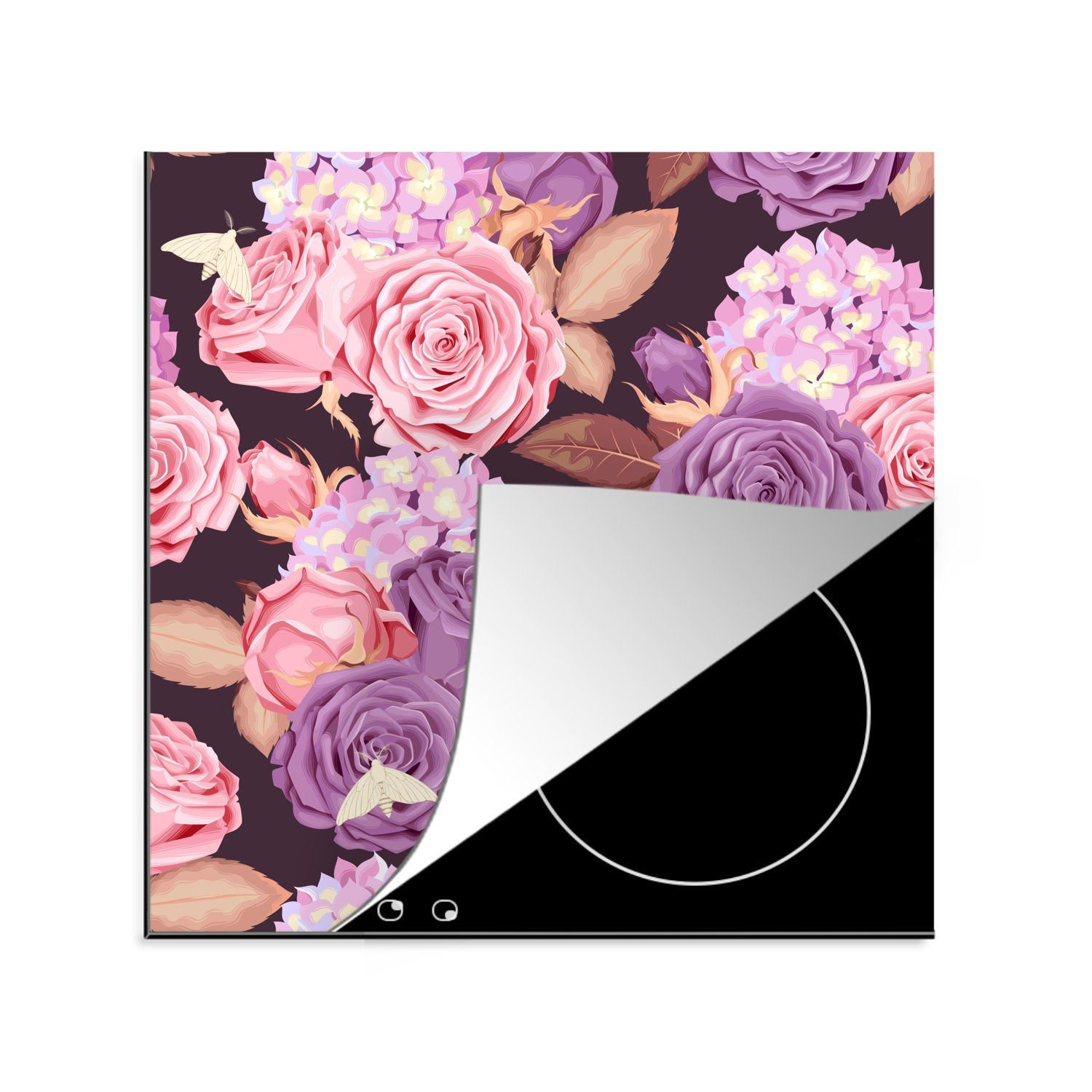 MuchoWow Herdblende-/Abdeckplatte Blumen - Schmetterlinge - Rosa - Lila, Vinyl, (1 tlg), 78x78 cm, Ceranfeldabdeckung, Arbeitsplatte für küche