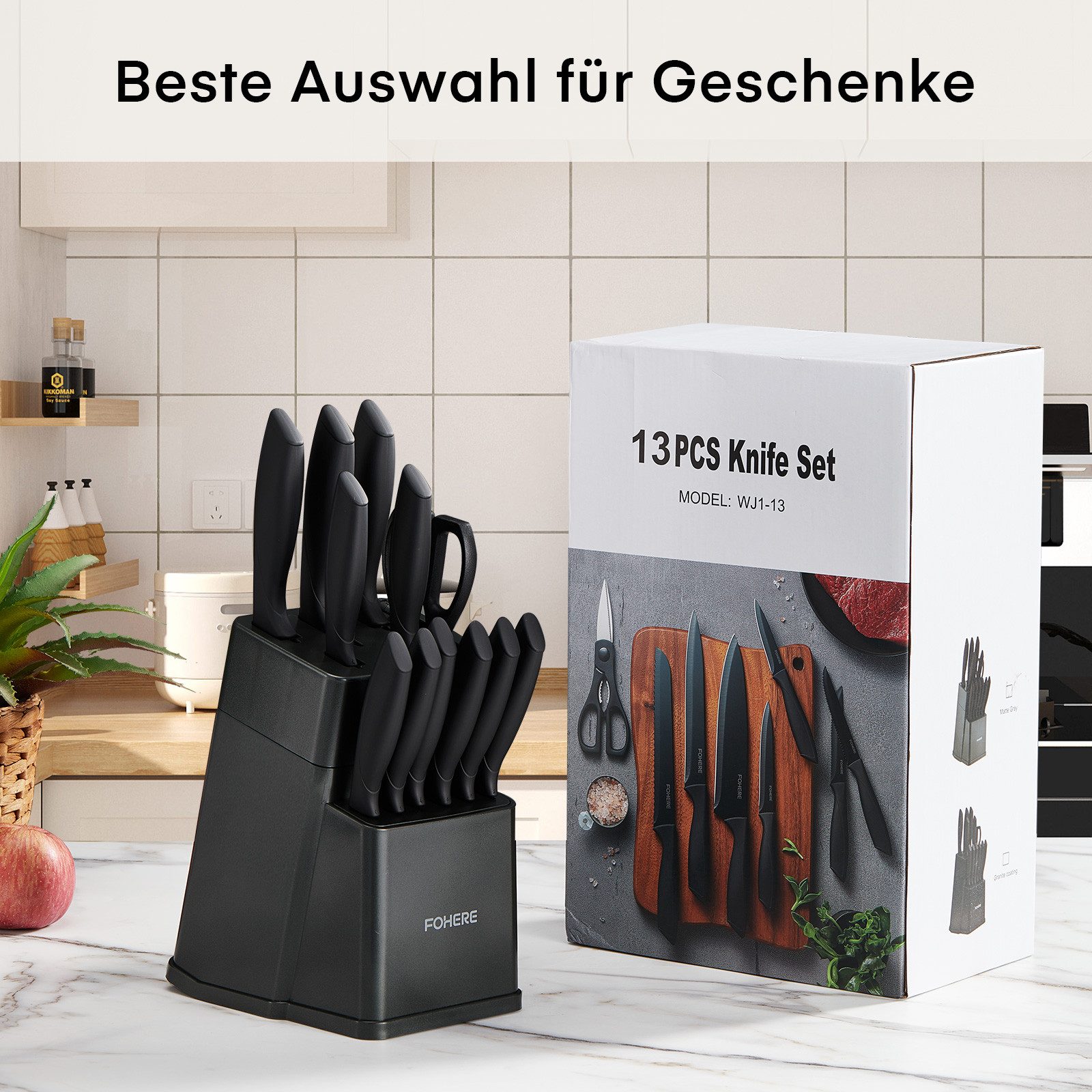 FOHERE Messer-Set aus hochwertigem Edelstahl, mit ergonomischen Griffen (13-tlg), Inkl. integriertem Schärfblock, spülmaschinenfest & rostfrei