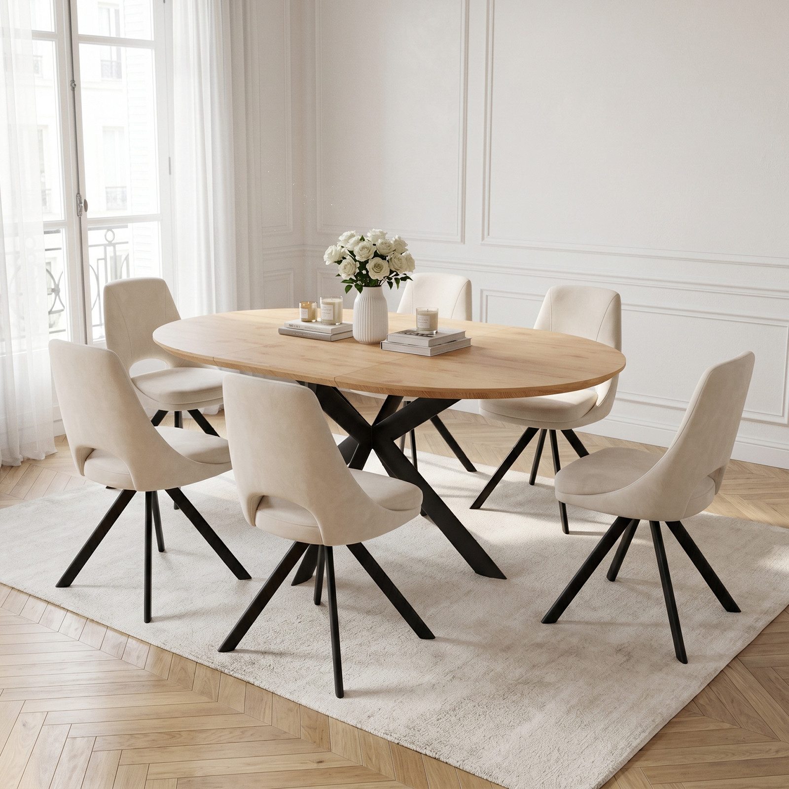Jiexi Essgruppe Essgruppe rund ausziehbar zu oval MDF Tisch mit Flanell Stühlen