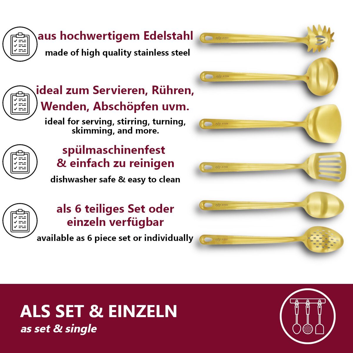 HOOZ Kochbesteck-Set hitzebeständig & pflegeleicht - edelstahl Kochlöffel für den Alltag (Set, 1-tlg., rostfrei), Pfannenwender