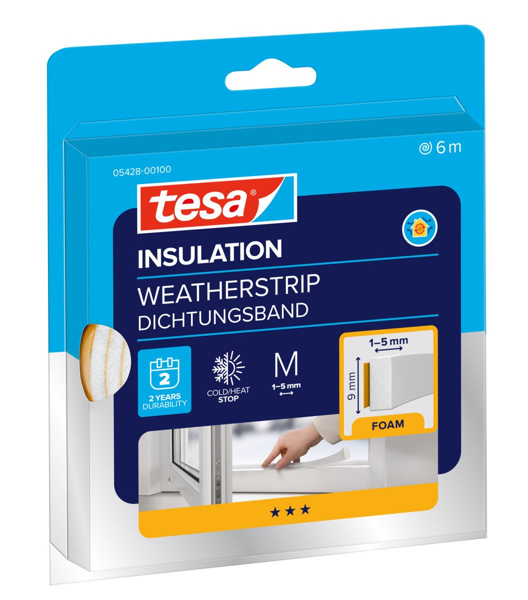 tesa Zugluftstopper INSULATION Dichtungsband M - Schaumstoffdichtung, 1-tlg., zum Isolieren von Spalten im Haushalt, selbstklebend, 6m