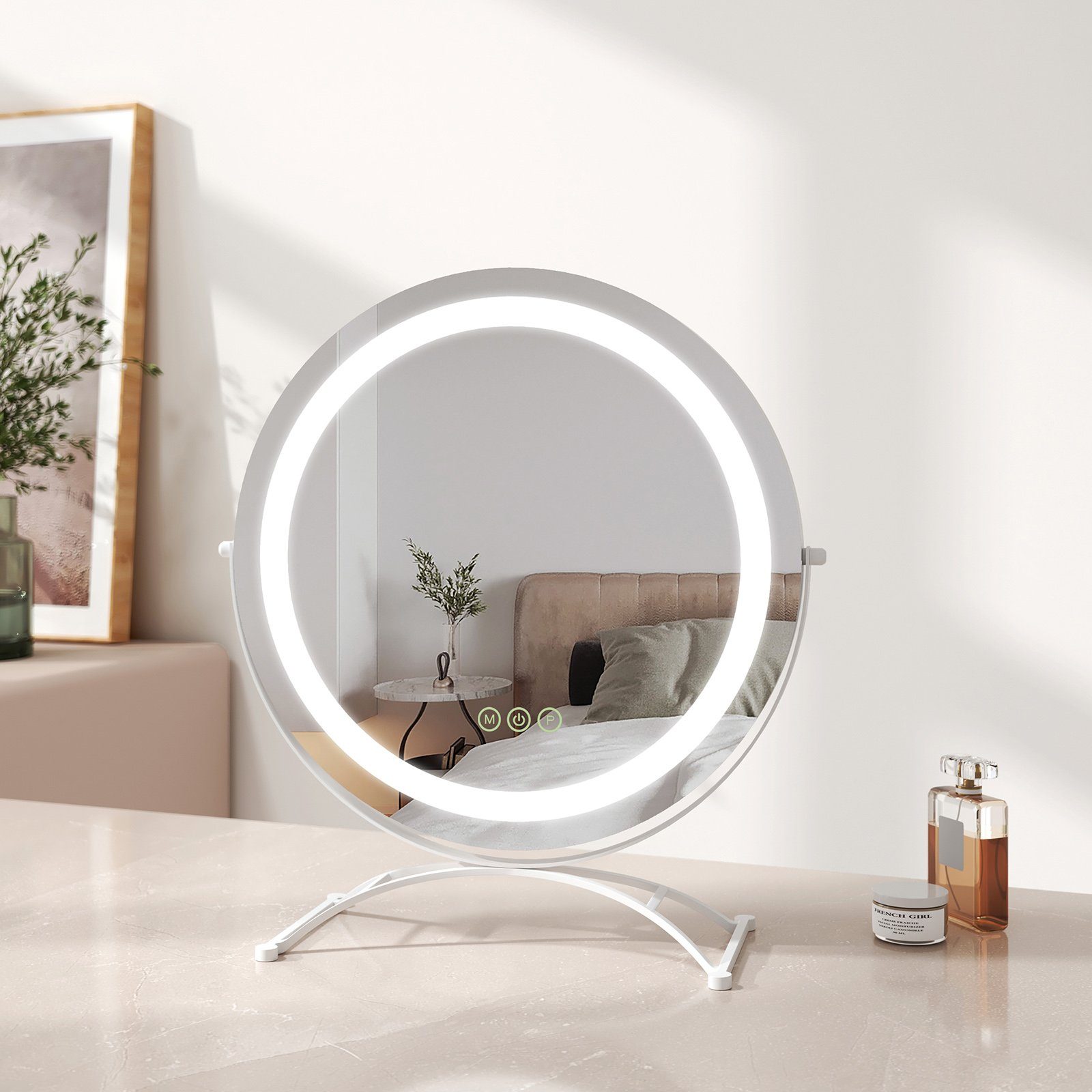 EMKE Kosmetikspiegel Schminkspiegel Runder Kosmetikspiegel mit Beleuchtung LED Tischspiegel, mit Touch, 3 Lichtfarben Dimmbar, Memory-Funktion, 360° Drehbar Weiß