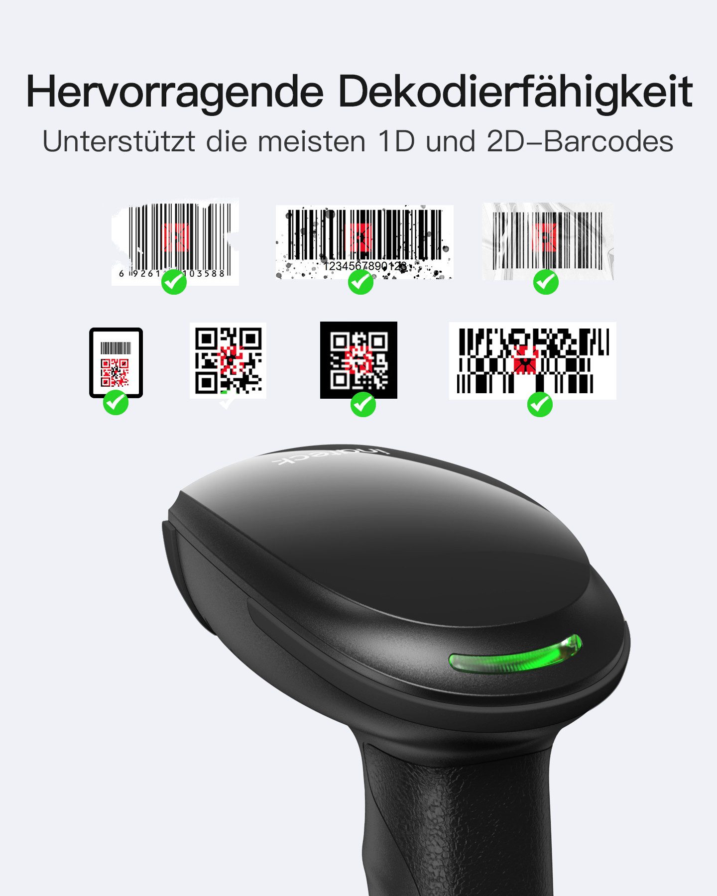 Inateck 1D 2D Handheld Barcode Scanner Bluetooth Kabellos USB Handscanner, (1 Aufladung, 3 Monate Dauerbetrieb, mit APP und SDK)
