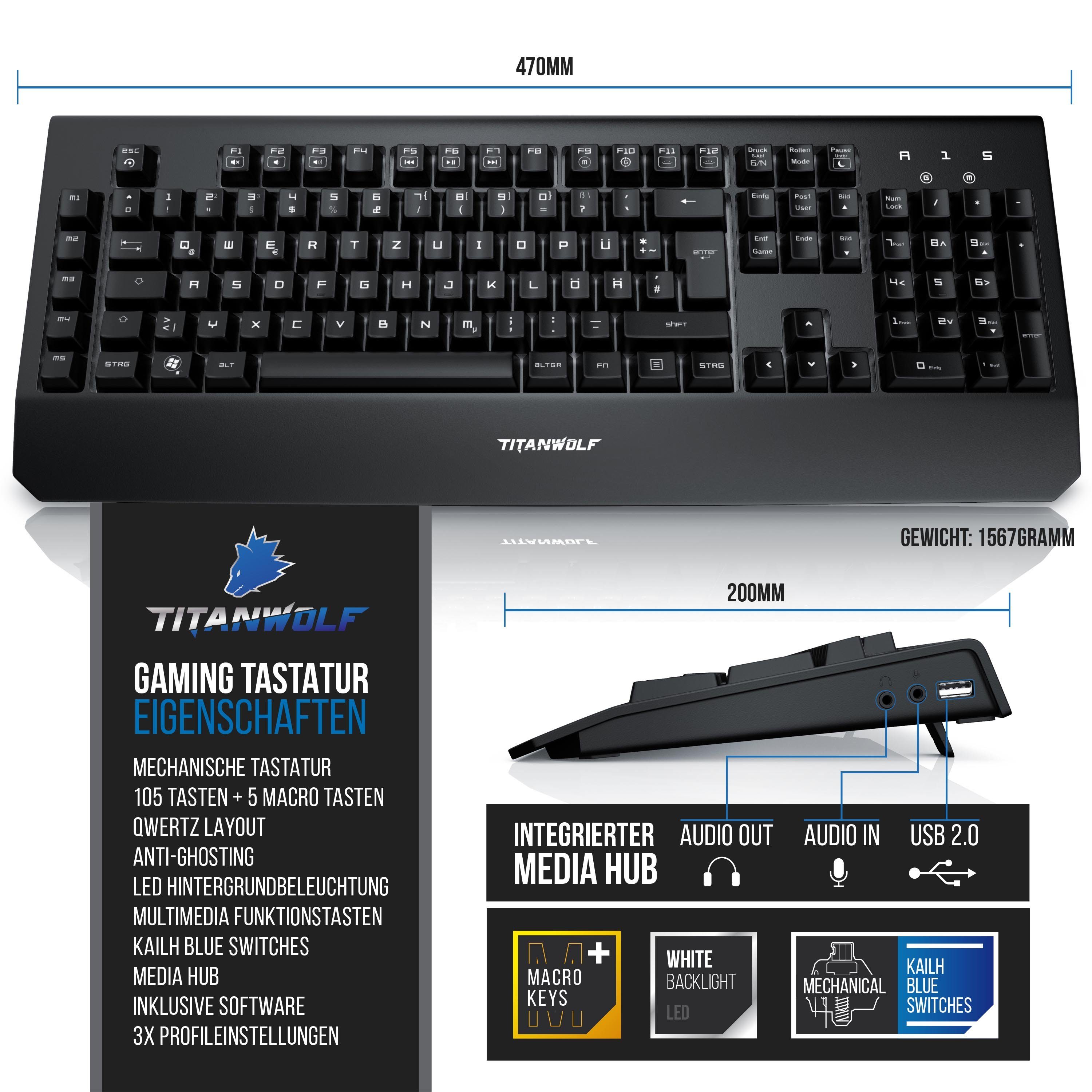 Titanwolf Gaming-Tastatur Kailh QWERTZ / "Enforcer" Beleuchtung Blue LED / Switches) (mechanisch