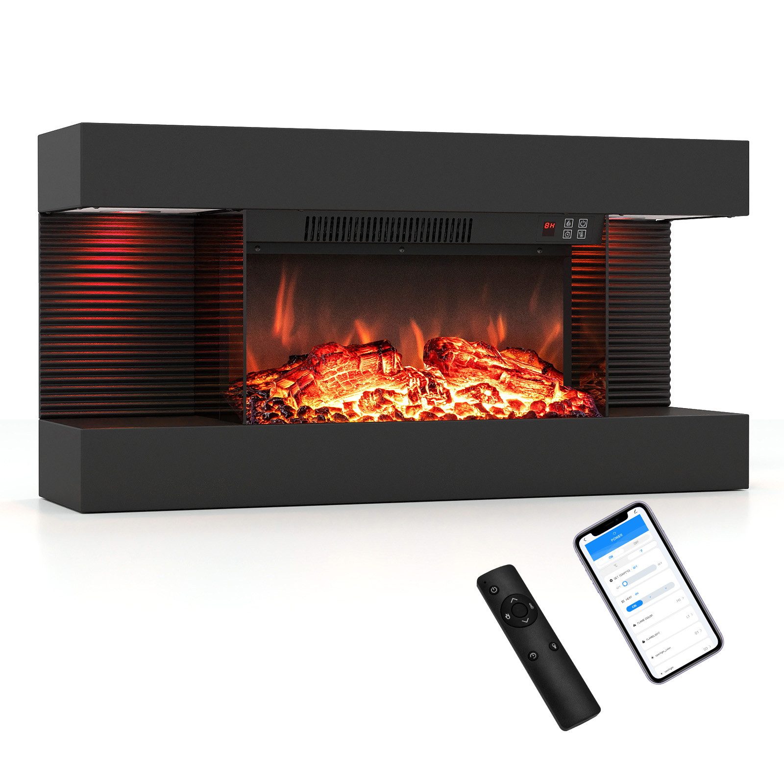 COSTWAY Elektrokamin Wandkamin mit LED-Seitenlichtern, 3D-Flammeneffekt