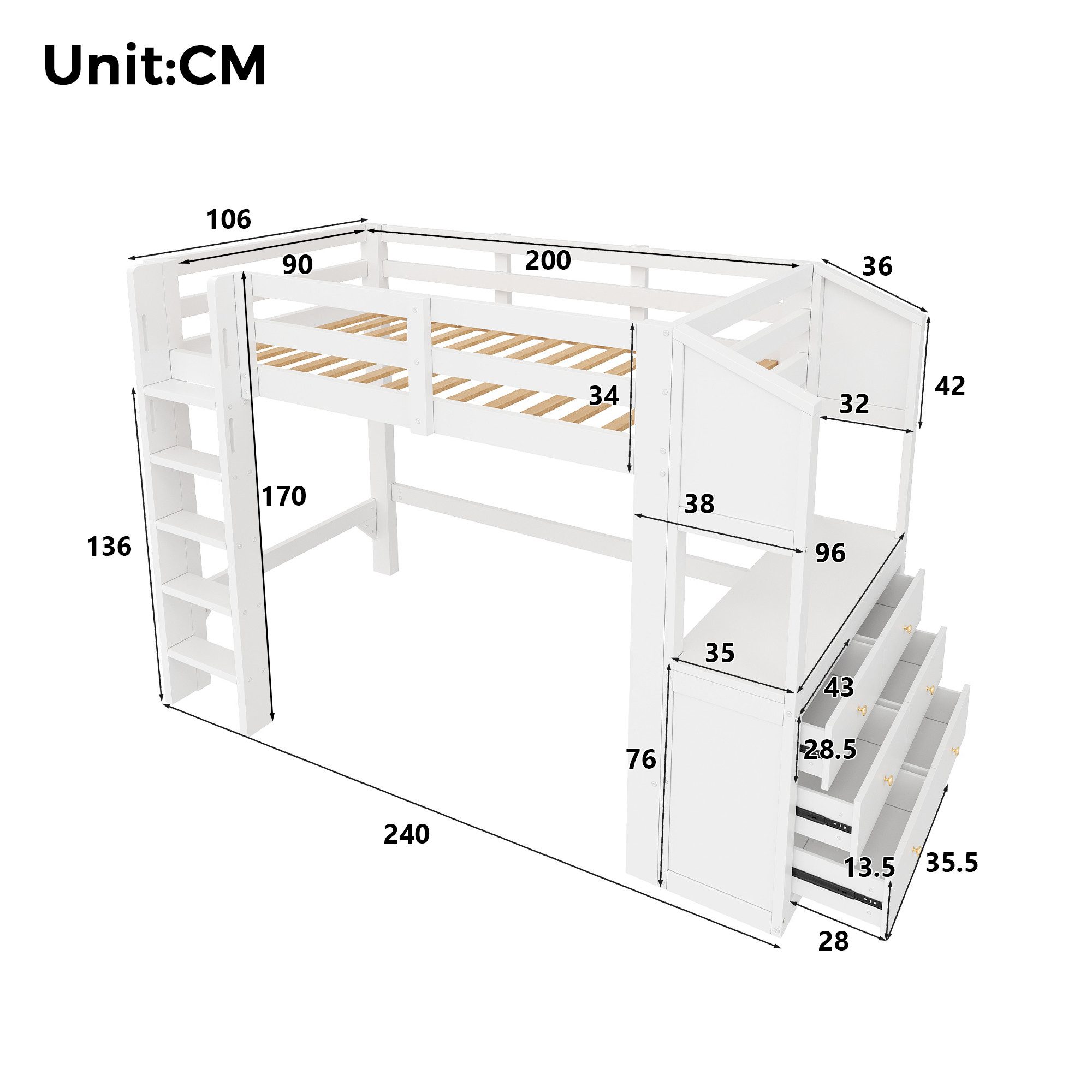 Ulife Hochbett 90x200 großes mit Schreibtisch, LED-Beleuchtung, Stauraum, weiß (3-St) – Bild 2 von 5