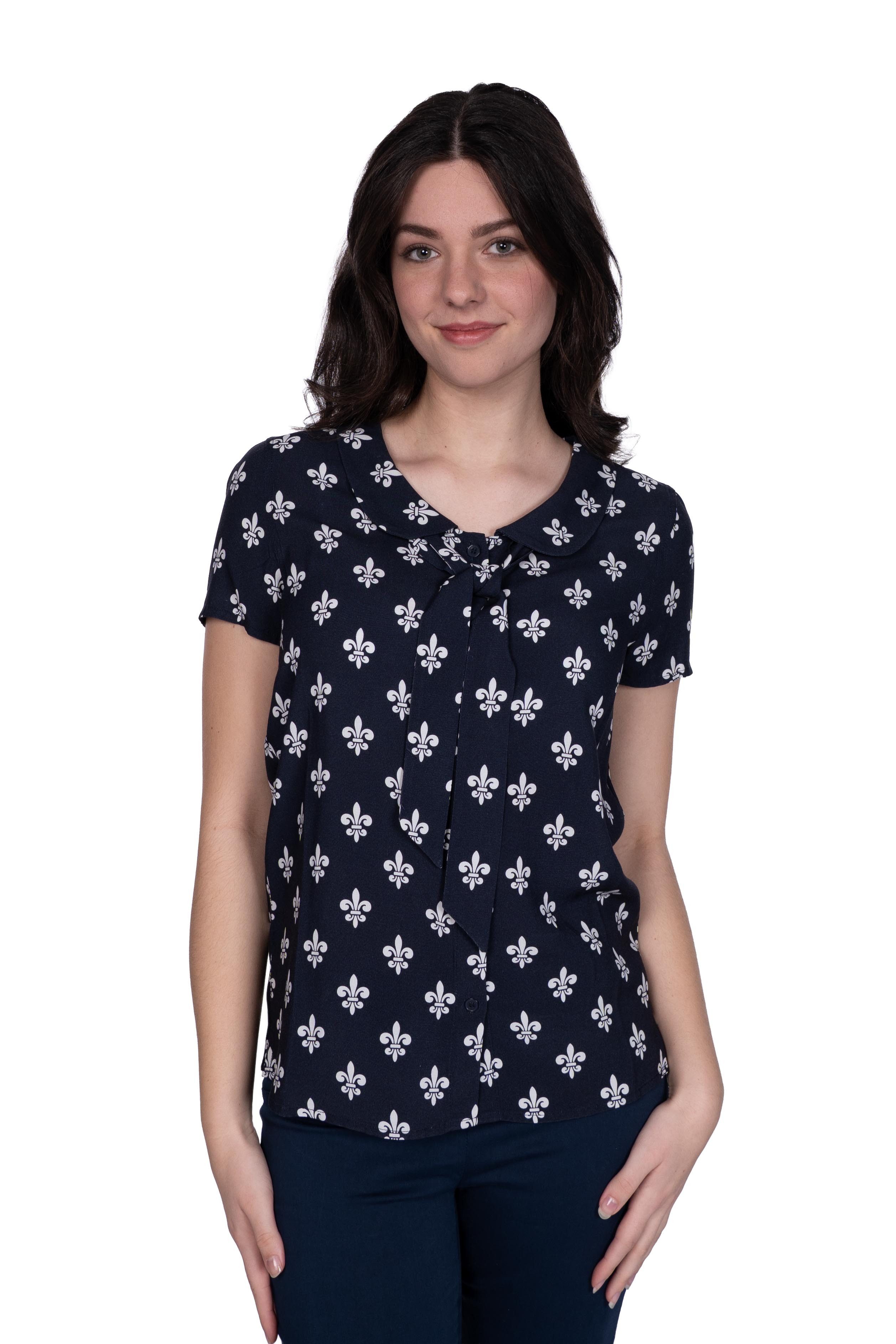 einfach Schön Kurzarmbluse Lilian Schluppe dunkelblau allover Print günstig online kaufen