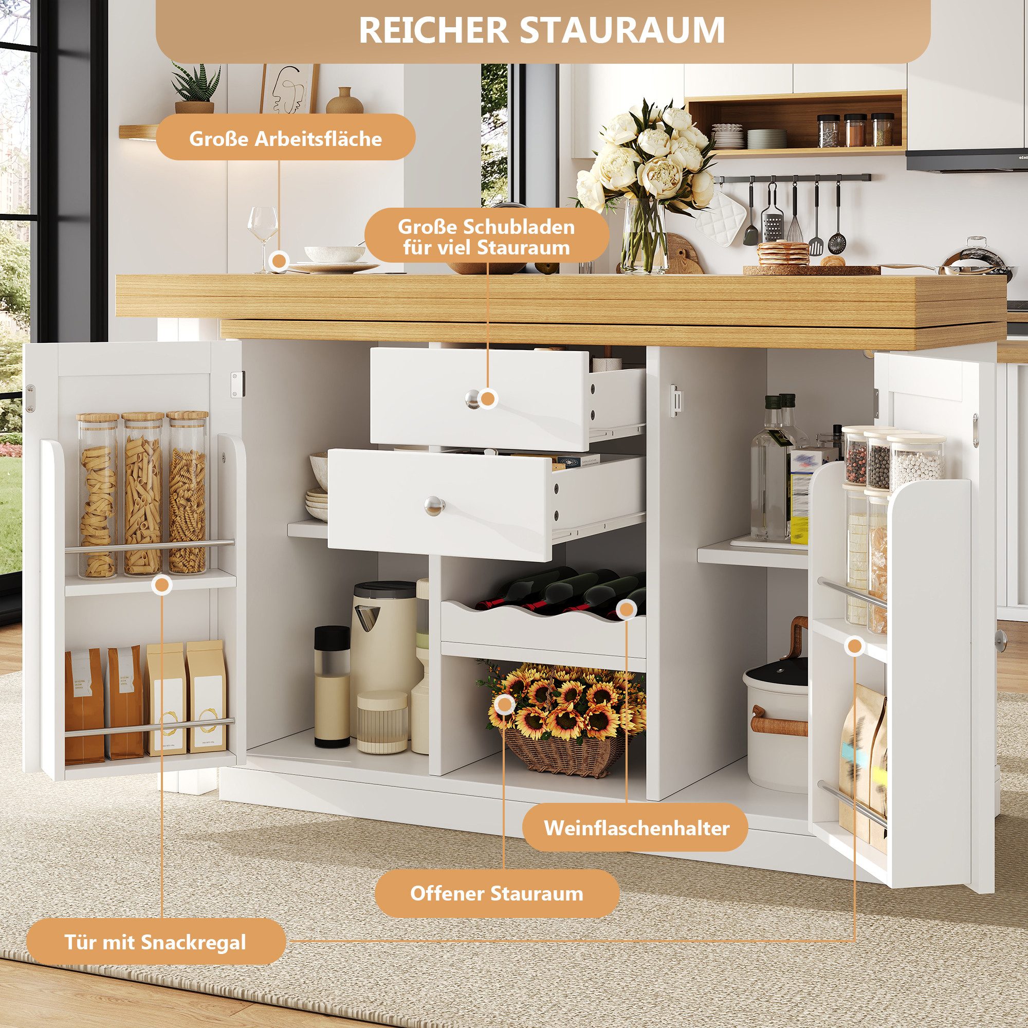 Celya Kücheninsel Ausziehbarer Esstisch 120-197cm, mit Weinregal und Snack-Regalen, (360° drehbar, mit 2 Schubladen und magnetische Türen), Ideal für Esszimmer, – Bild 4 von 5
