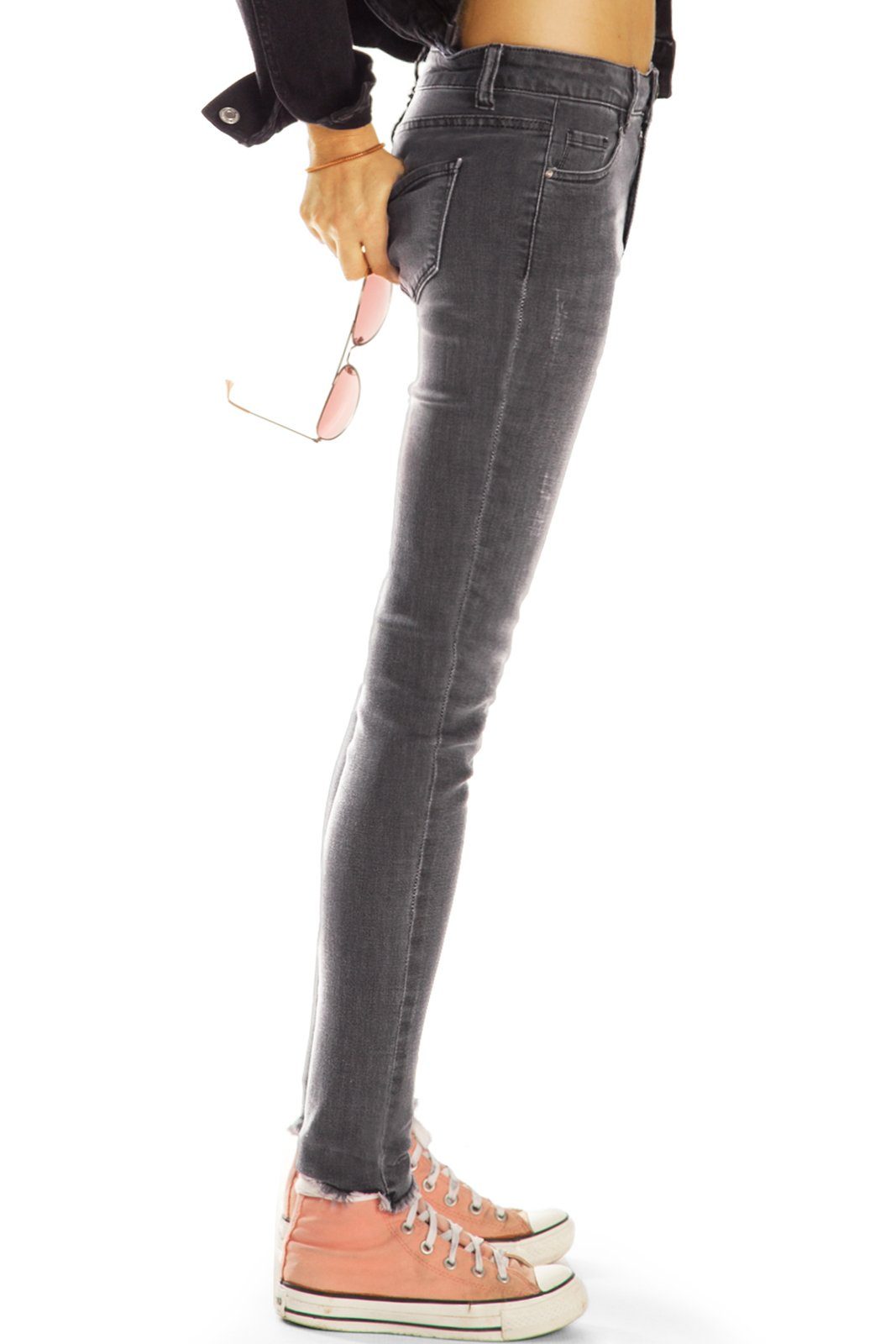 - Hose 5-Pocket-Style, - styled j21L-2 Damen Stretch-Anteil Medium be mit Röhrenjeans ausgefranster Skinny lange Fit Stretch Destroyed-Jeans Waist Saum, Slim