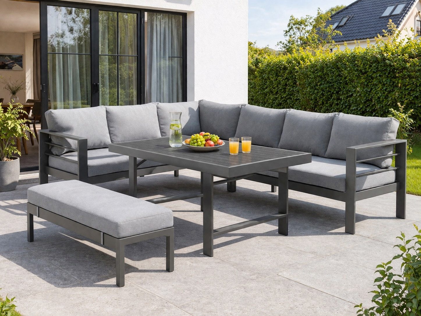 MeXo Gartenlounge-Set XXL Lounge Gartenmöbelset aus Aluminium, wetterfest, (Ecksofa mit linker Ecke für 6-8 Personen, 5-tlg., 12/15 cm dicke Kissen, Terrassenmöbel Set mit hohem Tisch), pflegeleichte Polywood-Tischplatte, flexibel kombinierbar