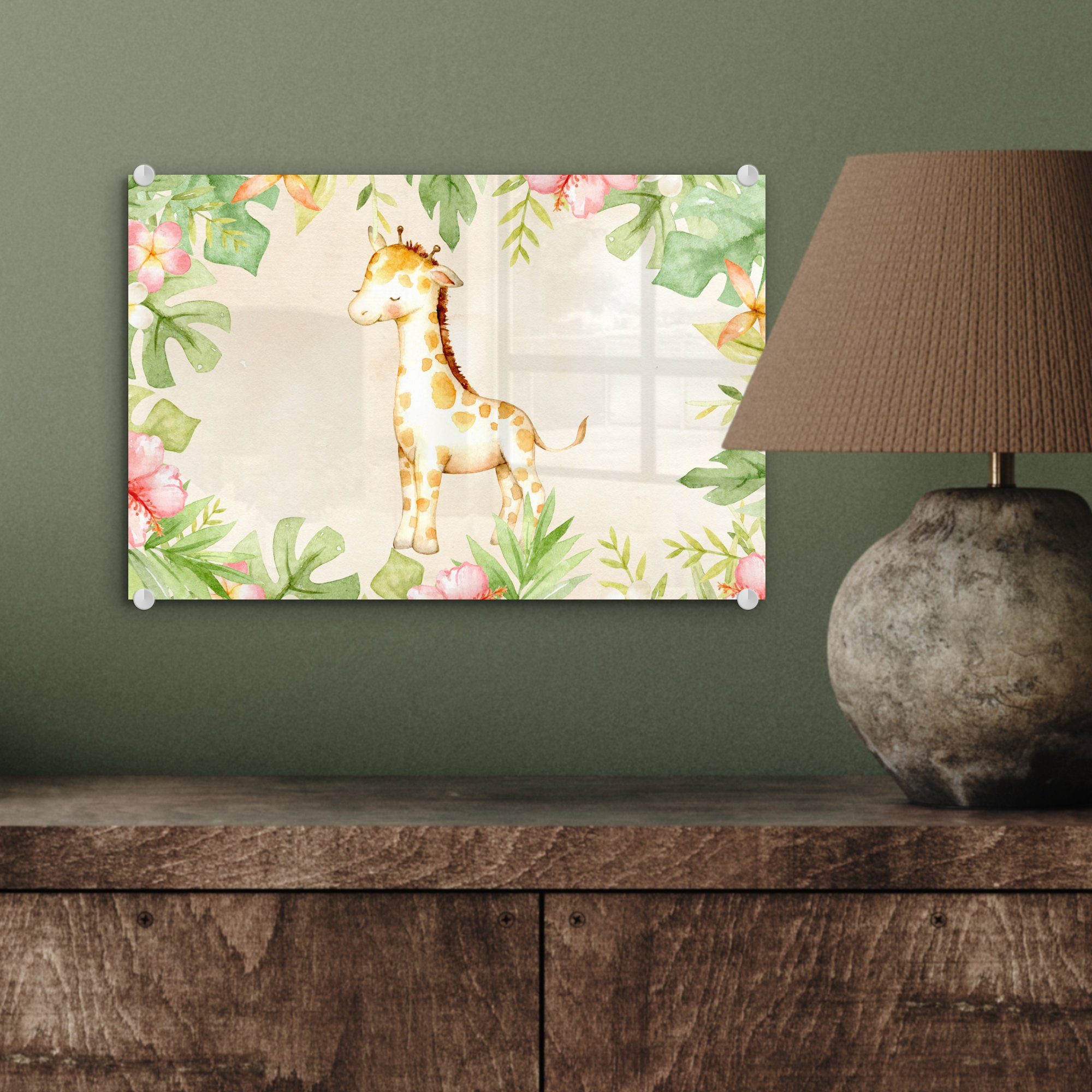 Glasbilder Glas - Glas Wanddekoration - Aquarellfarbe - - Acrylglasbild Dschungel, (1 Foto auf - MuchoWow St), auf Bilder Giraffe Wandbild Blumen -