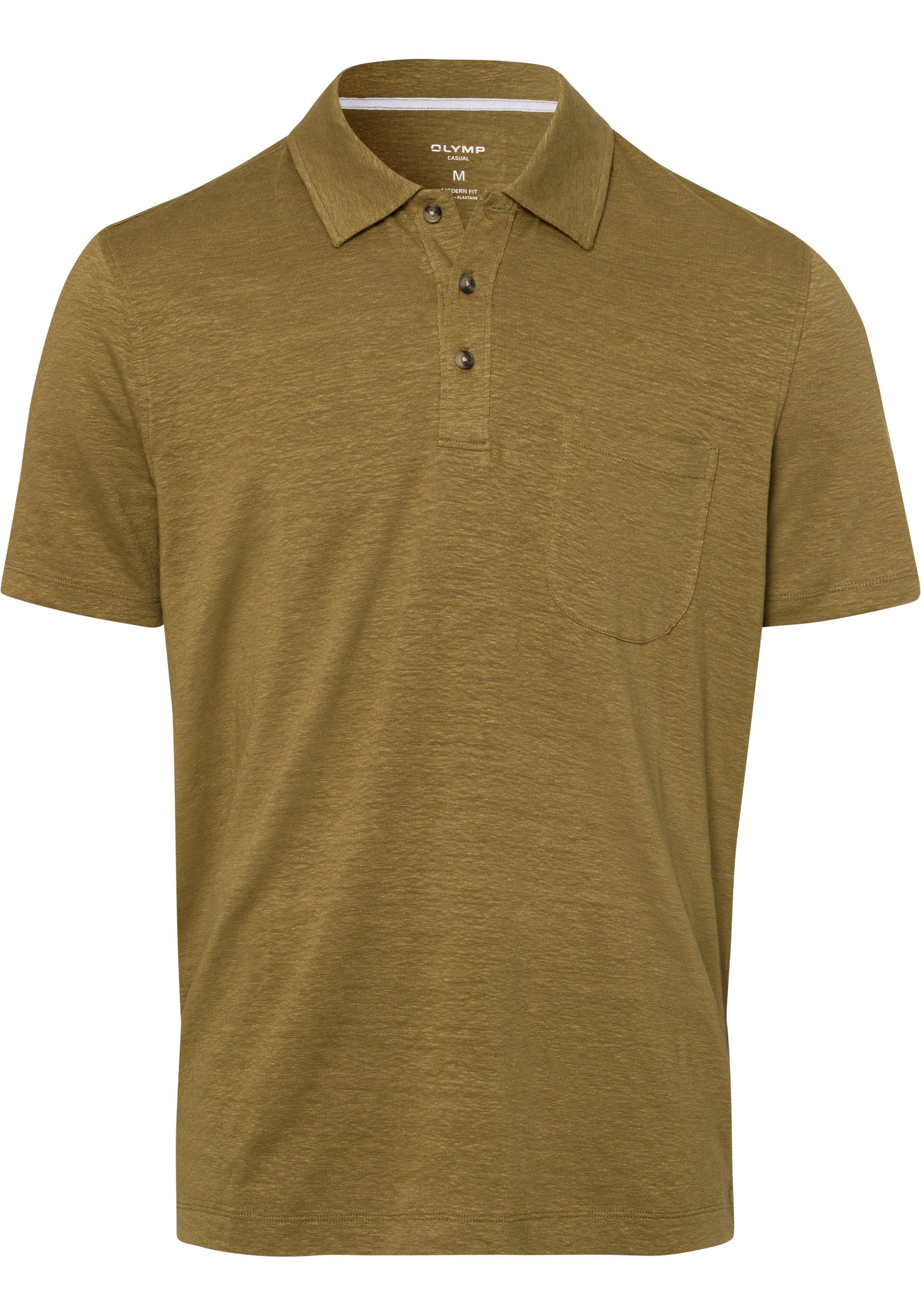 OLYMP Poloshirt Leinen Hemden-Look im nougat Casual-Optik in sommerlicher mit
