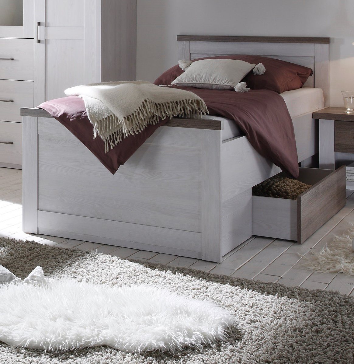 bv-vertrieb Schlafzimmer-Set Komfortbett Kleiderschrank Nachtkonsole Pinie weiss-trüffel