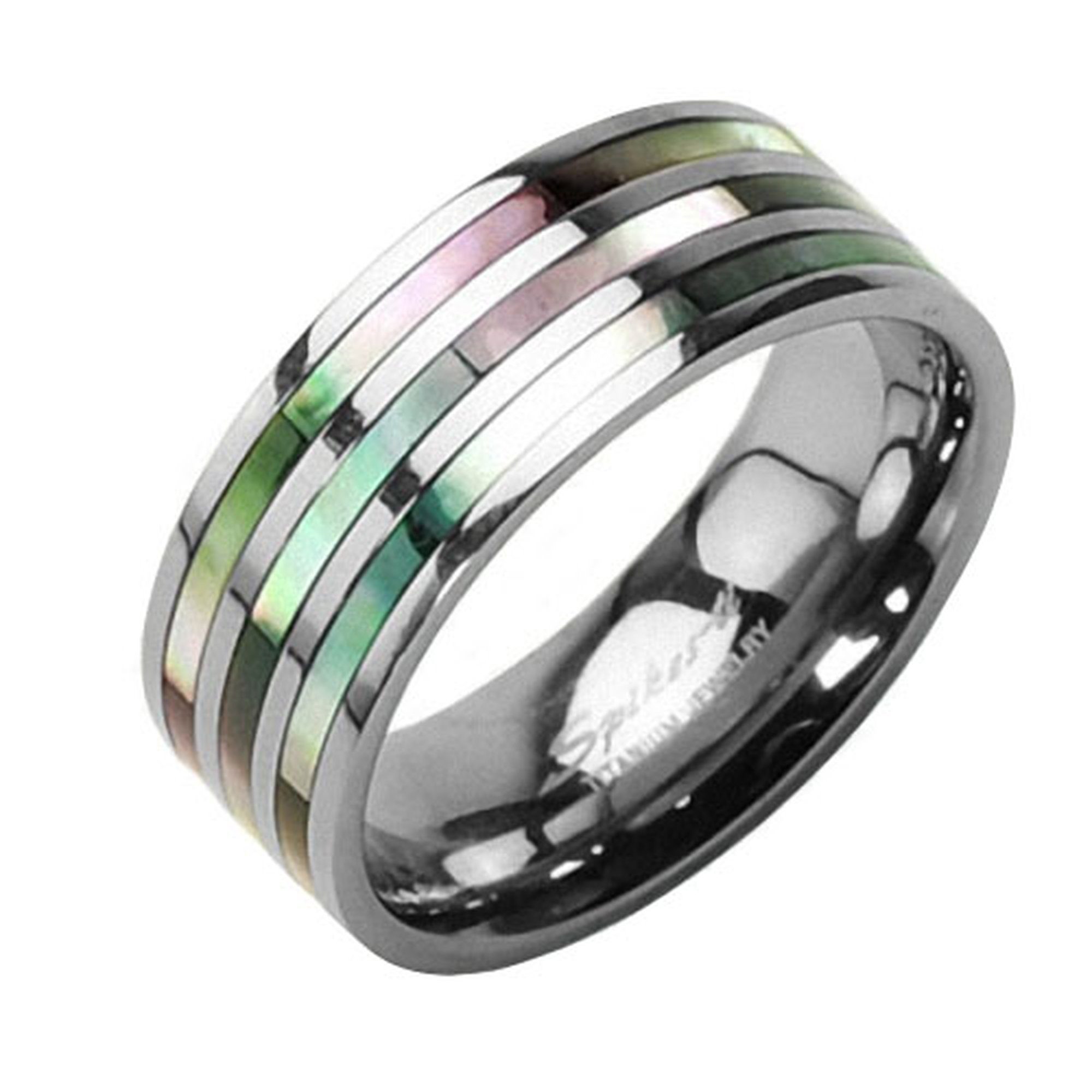 Taffstyle Fingerring Titan Ring mit drei Abalone Perlmutt Inlays für Damen und Herren (Silberfarbener Bandring mit polierter Oberfläche und 7 mm Breite - Geschenkidee)