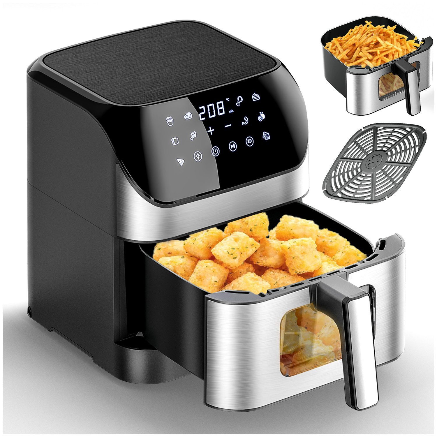 Heißluftfritteuse 8L Heißluftfritteuse mit Sichtbares Sichtfenster, XXL Aifryer mit 10 Programmen