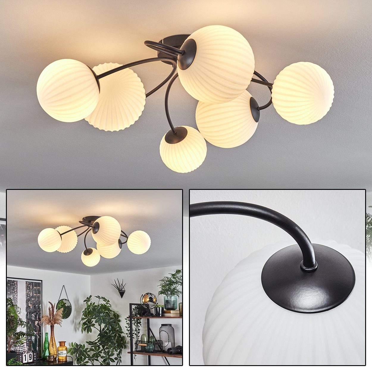 Deckenlampe Deckenleuchte Metall/Glas G9 LED, aus Glas, Schwarz/Milchglas Riffel-Optik, hofstein Leuchtmittel im ohne aus Retro-Design in x Leuchte in Leuchtmittel, ohne 6