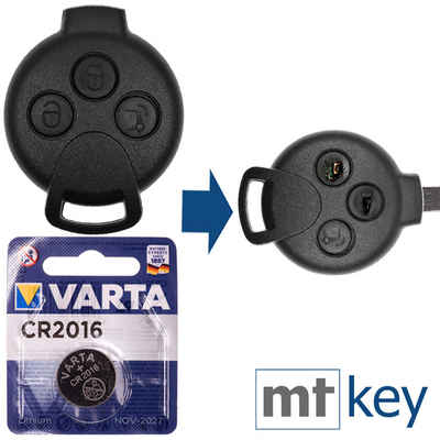 mt-key Reparatur Satz Auto Schlüssel Ersatz Gehäuse 3 Tasten + VARTA CR2016 Knopfzelle, CR2016 (3 V), für Smart Fortwo 2007-2015 Funk Fernbedienung