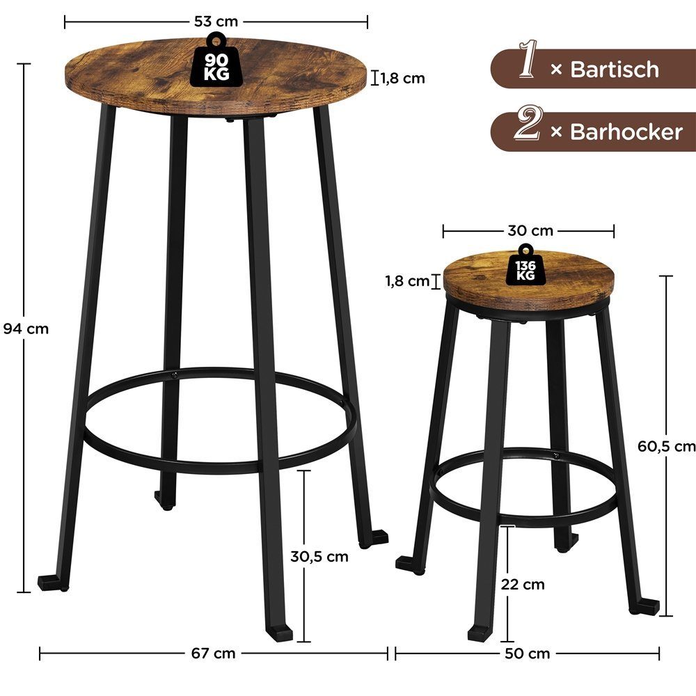 2 x Bar-Set, Bartisch Stühlen 1 (Set, mit cm) Barhockern), Stehtisch(67 braun 2 H 94 mit Yaheetech