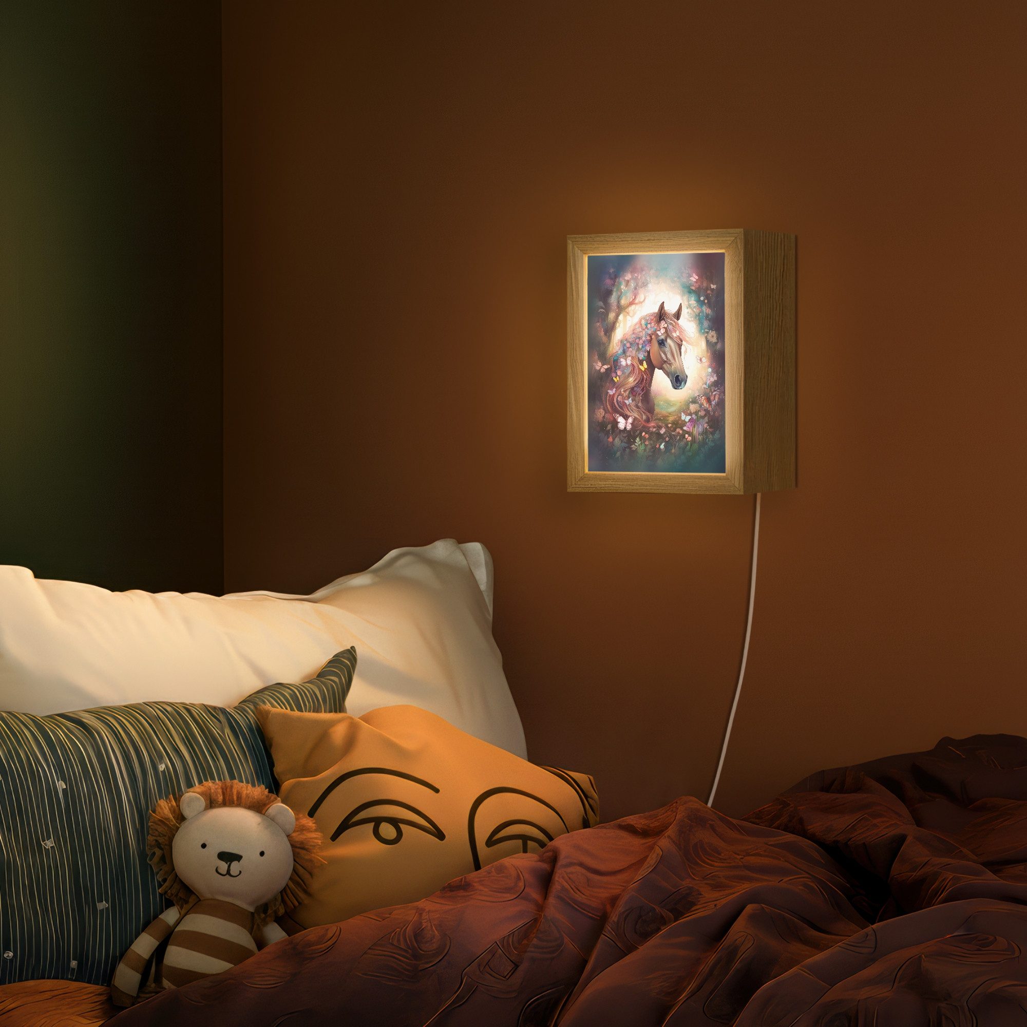 OnlyWow Wandleuchte Lightbox Pferd - Natur - Blumen - Schmetterlinge - Wald - Mädchen, Dimmbar, Farbwechsel, LED, Warmweiß, Kaltweiß, Neutralweiß Einstellbar, Wandlampe Innen, Dimmbar, mit Kabel, LED, Beleuchtung, Kinderzimmer