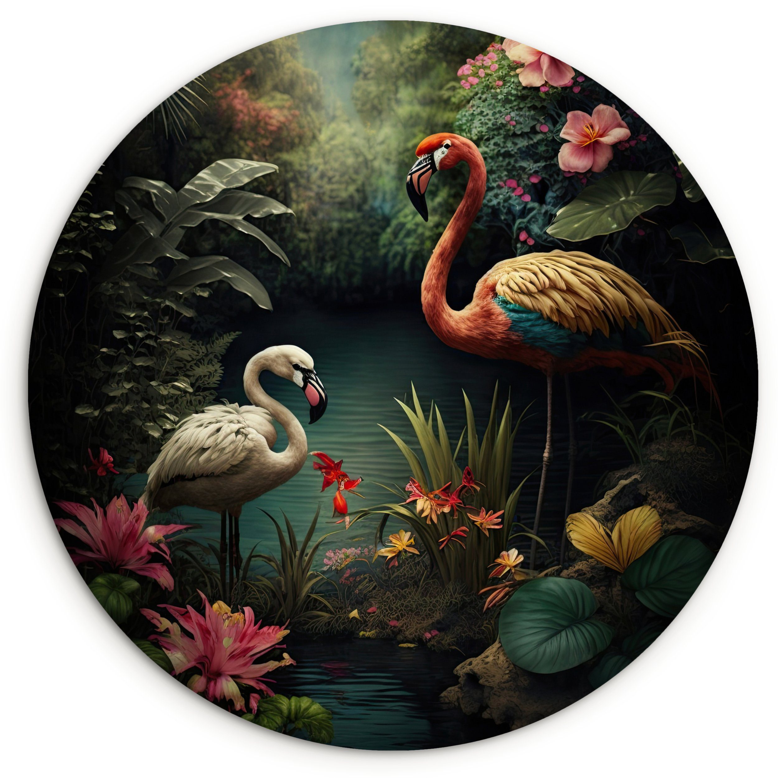 MuchoWow Gemälde Flamingo - Blumen - Dschungel - Vögel - Natur, Fotodruck (1 St), Kreis Wanddekoration, Rundes Wandbild, 30x30 cm