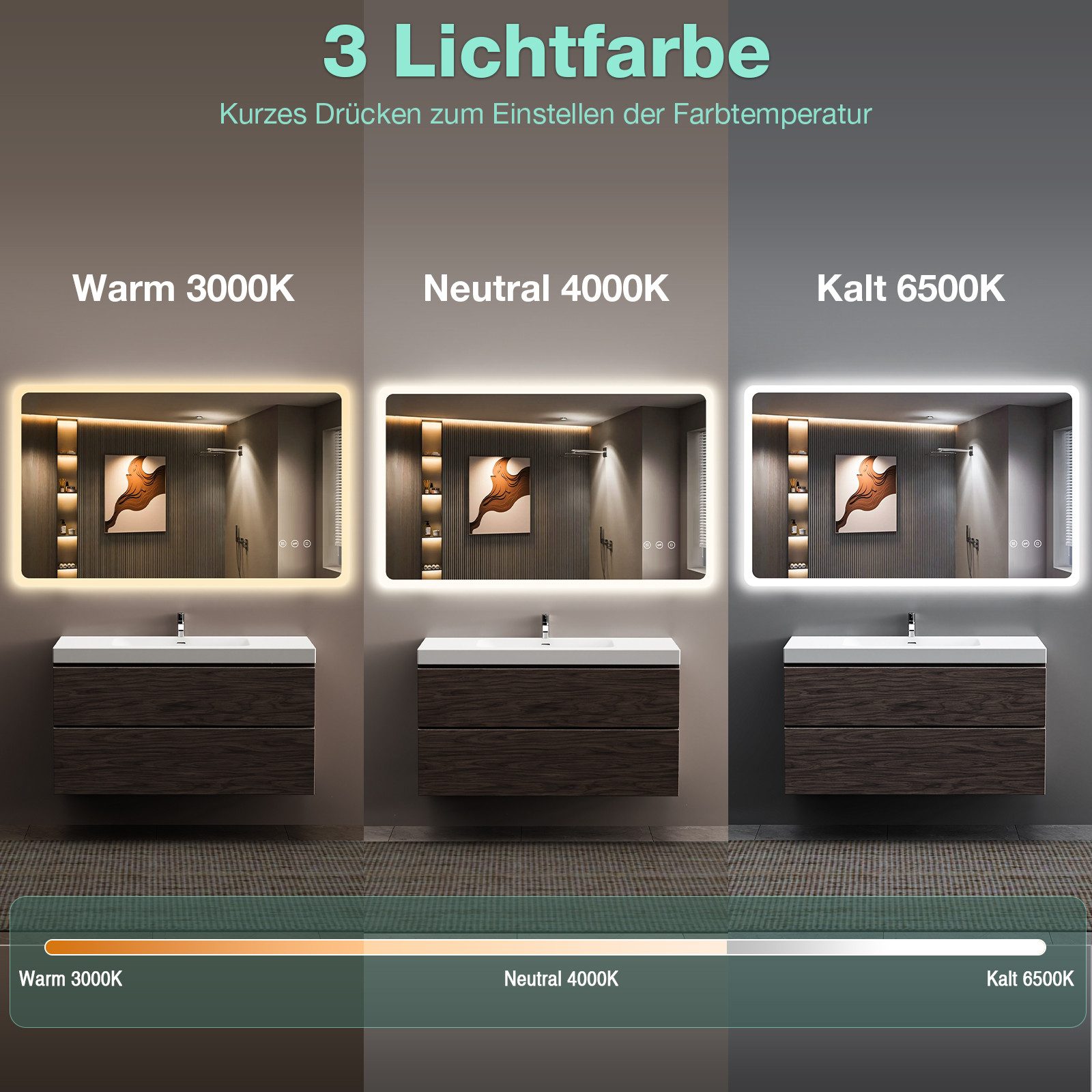 GIMBELEN Badspiegel mit LED-Beleuchtung, Badezimmerspiegel 100x60 cm, dimmbar (1-St), 3 Lichtfarbe, Anti-Beschlag, Speicherfunktion, IP44