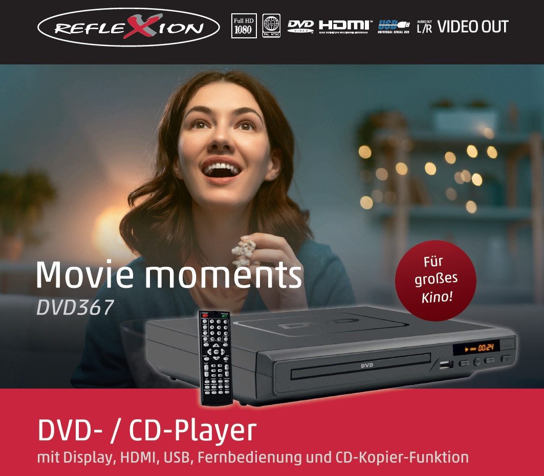 Reflexion DVD367 DVD/CD-Player mit Außendisplay DVD-Player (Full HD, Display, HDMI, Fernbedienung und CD Kopierfunktion auf USB)