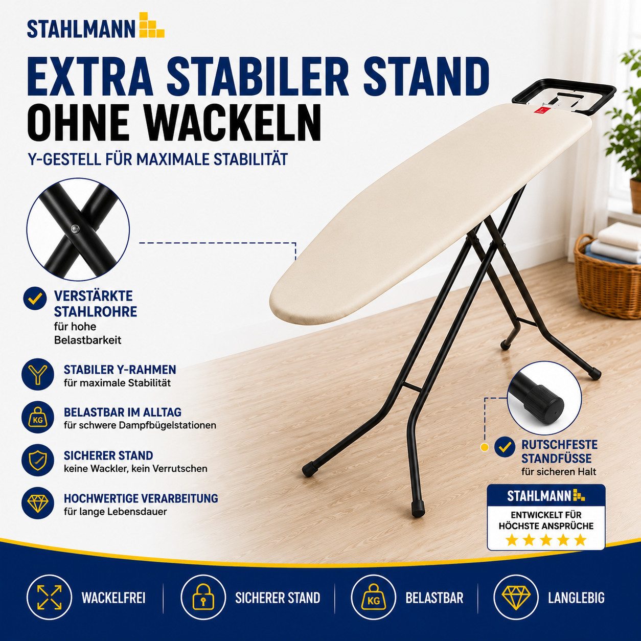 STAHLMANN COMMERCE GmbH Bügelbrett Granada [120 × 38 cm], TestCheck 1,1 SEHR GUT, Turbobezug, Bügelfläche 120x38 cm