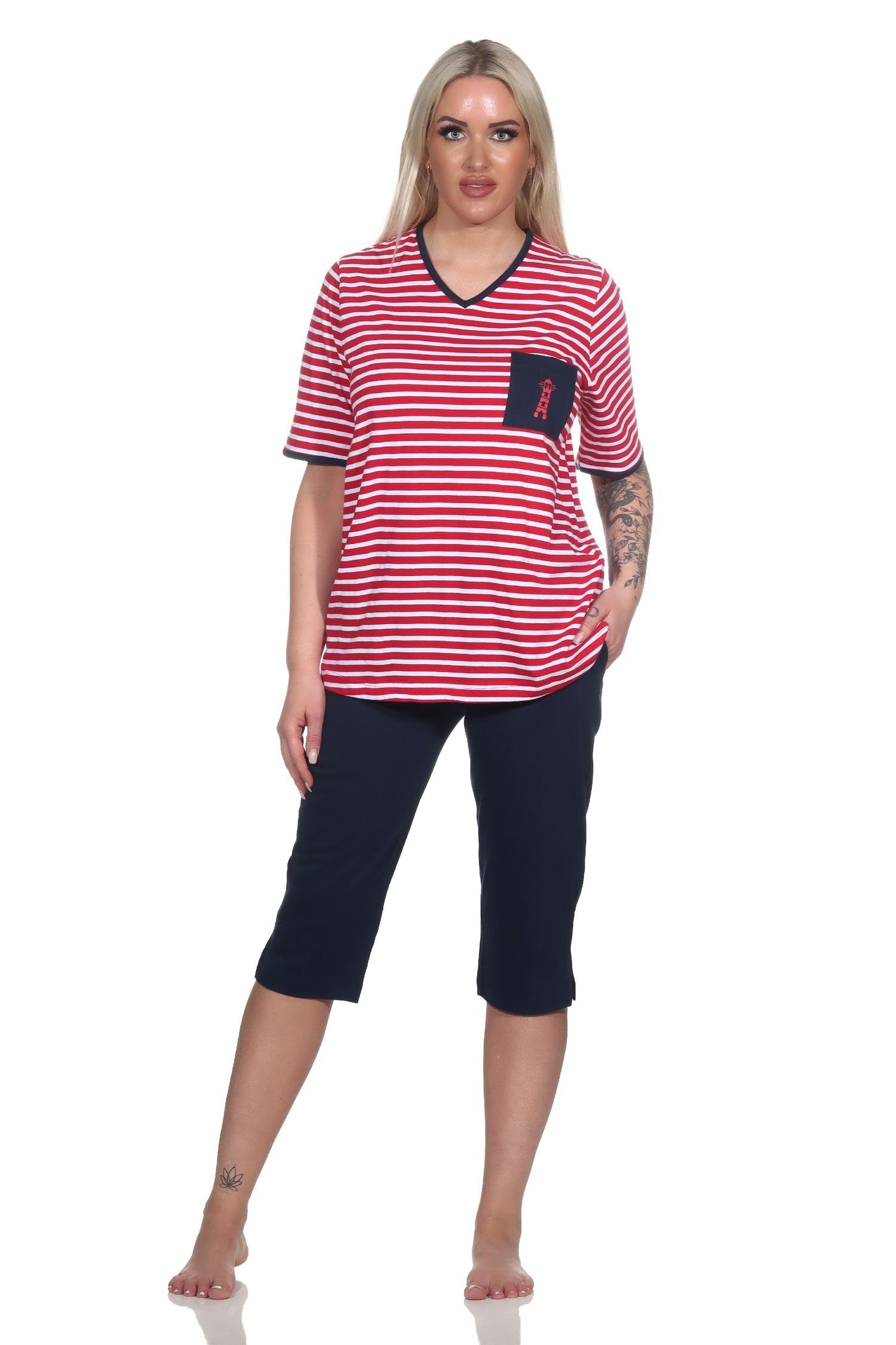 Normann Pyjama Damen Kurzarm maritimer Motiv Capri Leuchtturm Pyjama und Optik in rot