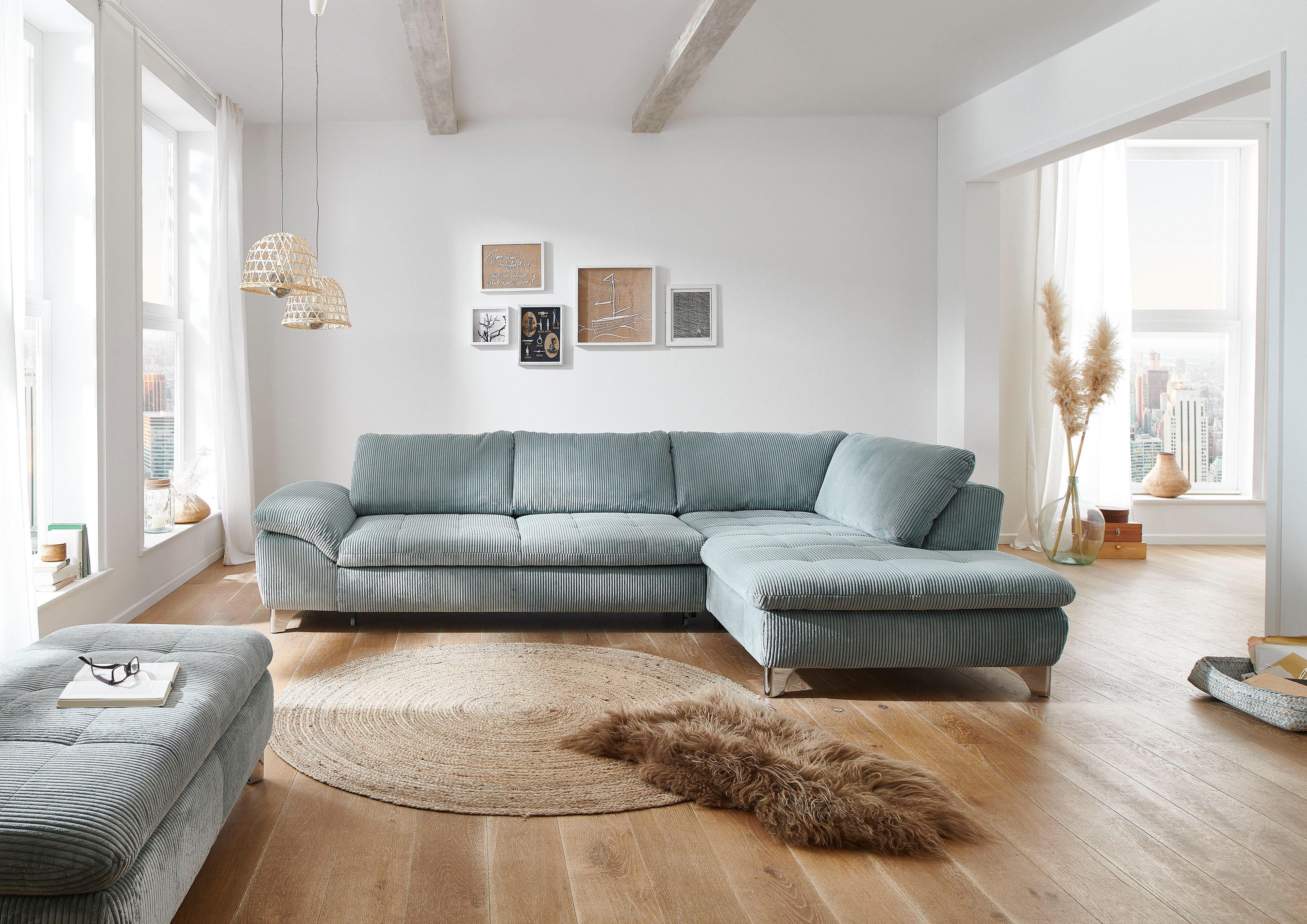 Die PlanBar Ecksofa Ottomane MP-IN14007 L-Form, Breite 306 cm, wahlweise mit Schlaffunktion und verstellbaren Kopfstützen