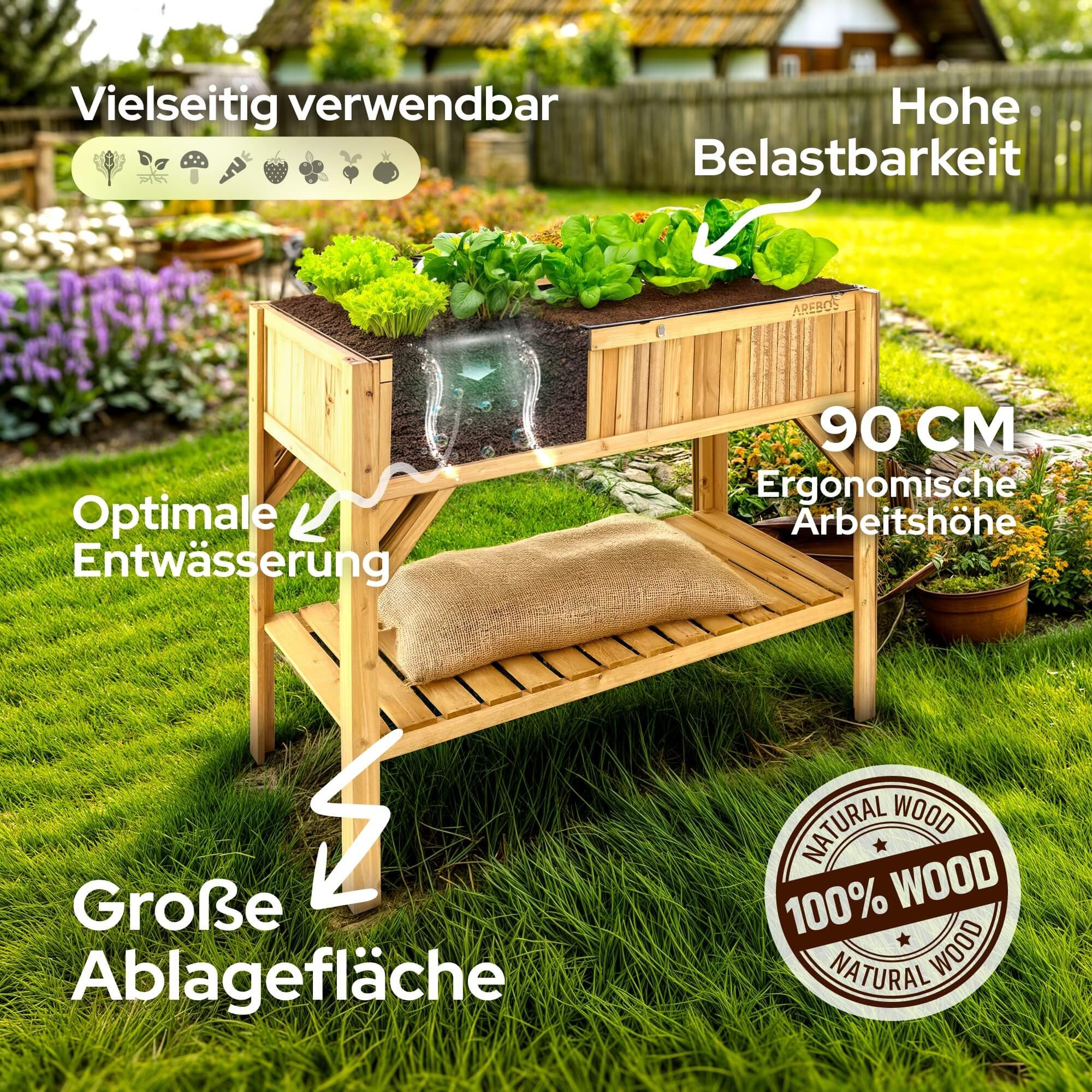 Arebos Hochbeet Holz Ablage Pflanzkasten Frühbeet Gemüse Kräuter Balkon Blumen (Fassungsvermögen: ca. 191,4 L), Max. Belastung Pflanzgefäß: 100 kg