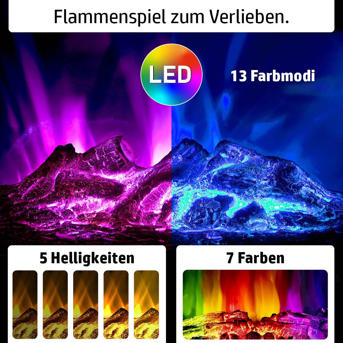 AMBINESS Elektrokamin 2 Heizstufen, 900W - 2000W, LED - 3D Flammeneffekt mit Farbwechsel, inkl. Fernbedienung Timer & Thermostat – Bild 5 von 5