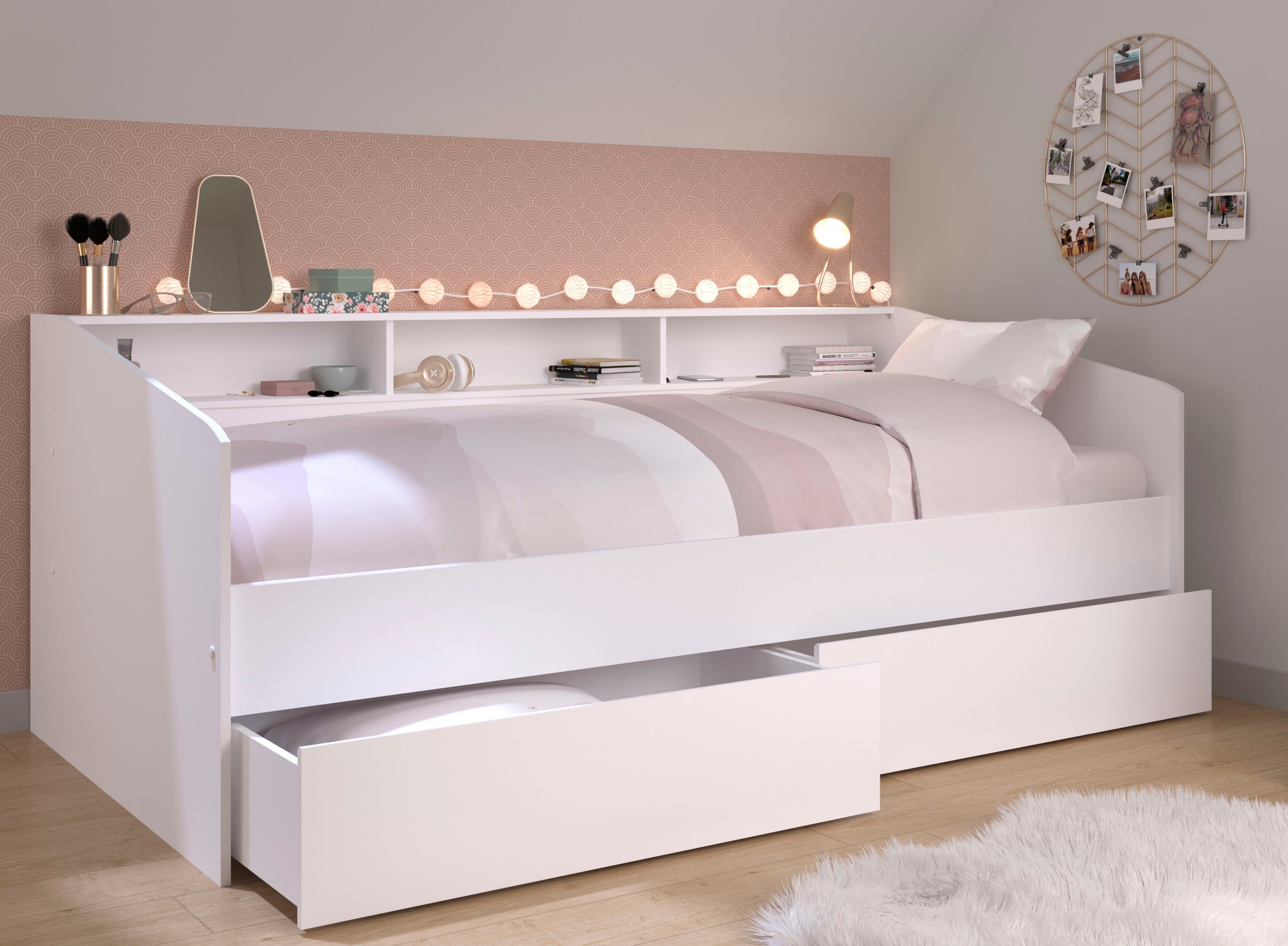 Stauraumbett Sleep, Daybed, Kinderbett, Rückwand der Regale drehbar (farbig + weiß)