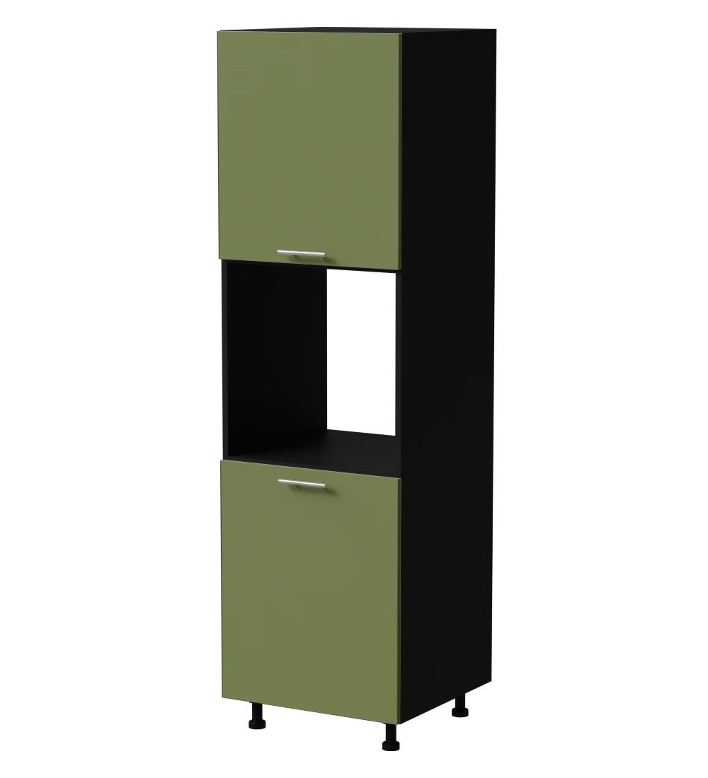 Feldmann-Wohnen Ofenumbauschrank Brerra (D14/RU/2D, 2 Türen, 2 Einlegeböden, 1 Gerätefach, 1-St., moderne Optik, lackierte Fronten, 60x59x207cm) schwarz / RAL 6025 farngrün matt