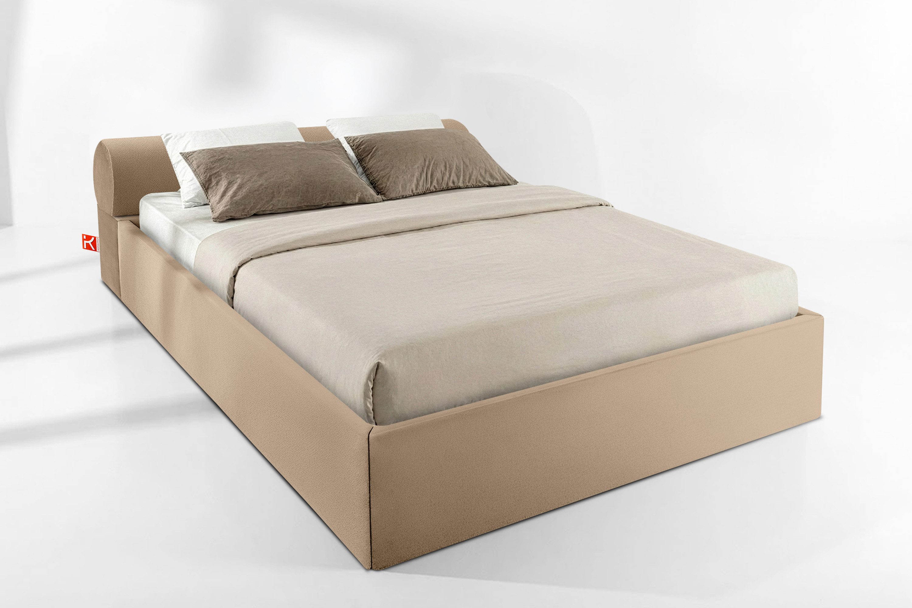 KONSIMO® Polsterbett LUNEO Doppelbett, mit Stauraum, Japandi-Stil, hergestellt in der EU (160 cm x 200 cm), Veloursstoff, Massivholzrahmen, Kopfstütze aus runden Rollen