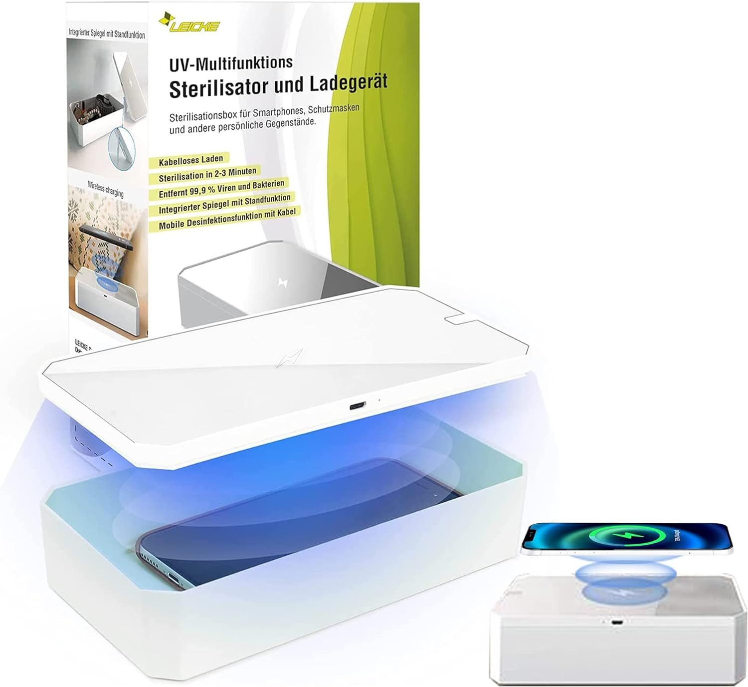 Leicke Ultraschallreiniger UV Desinfektionsbox Sterilisator Licht mit Induktionsladegerät, tragbares Desinfektionsgerät QI induktive LadestationUVReinigungsgerät