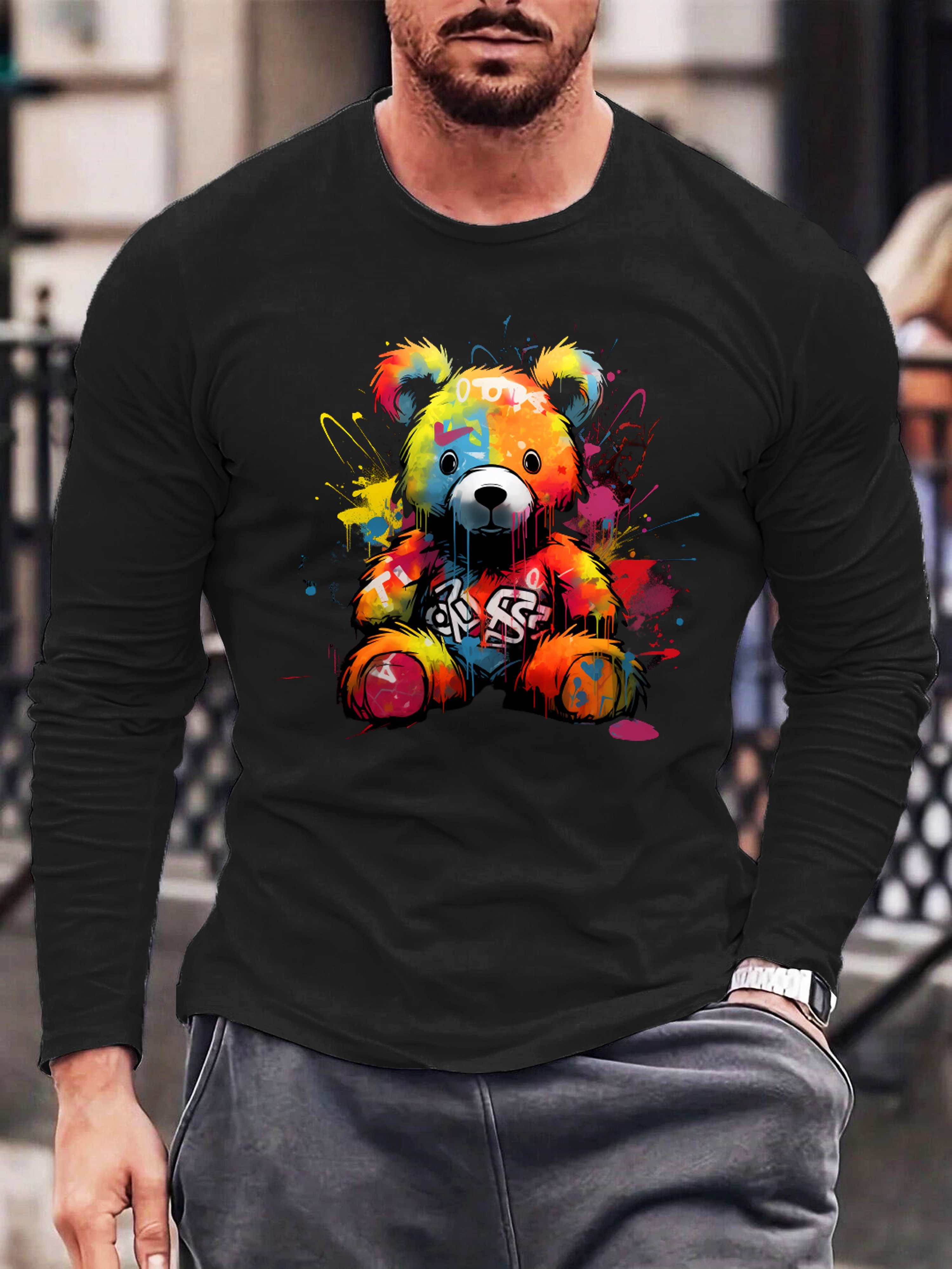 Baumwolle, Print mit Langarmshirt aus 1,Groß Basic Langarmshirt RMK Teddybär lizenziertem Rundhals Bär Mitte) Herren Schwarz (Model