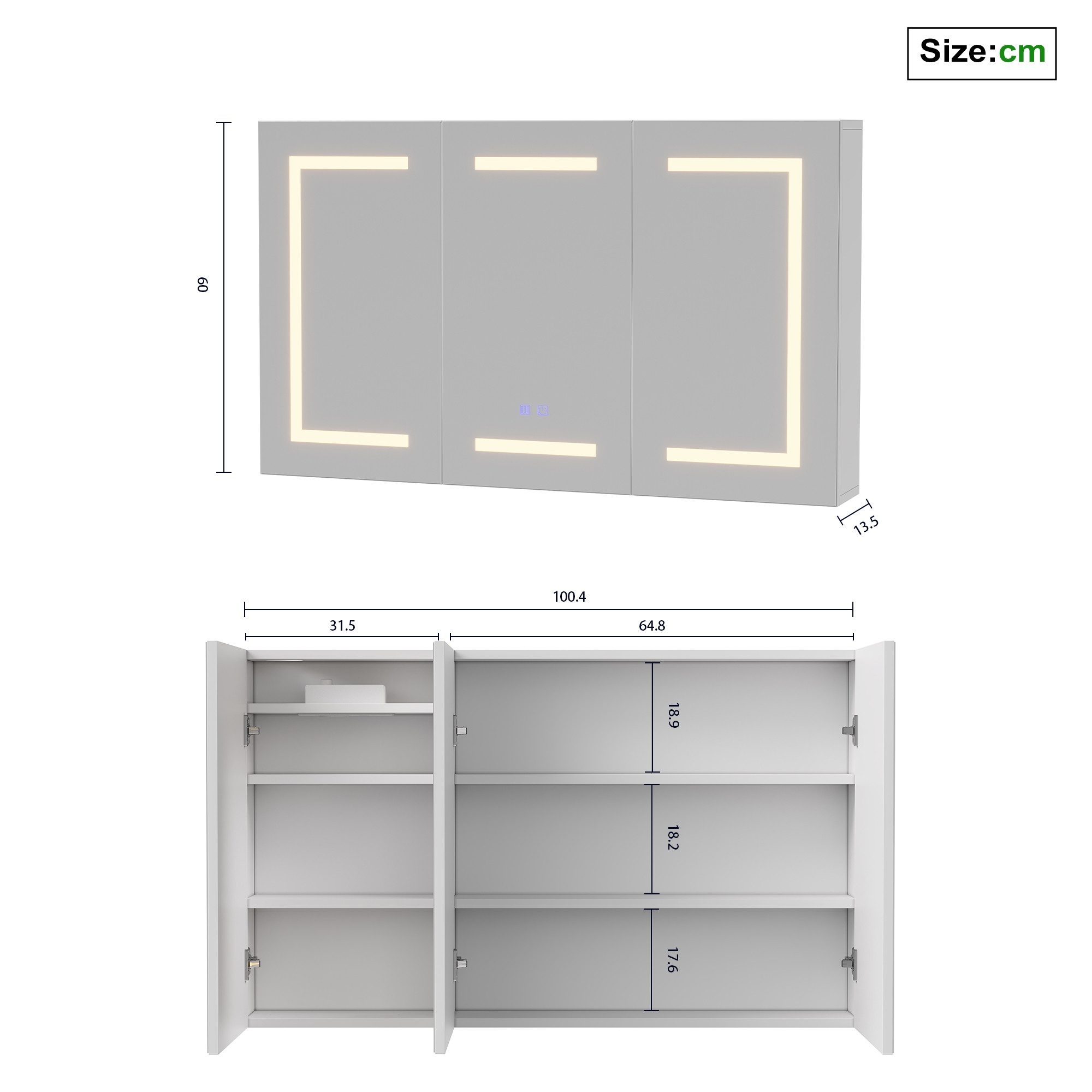 Simurq Spiegelschrank Badezimmerspiegelschrank 3 türig Hängeschrank mit LED Beleuchtung (3 Farbtemperaturen Dimmbar) Badspiegelschrank 100 x 13,5 x 60 cm mit St – Bild 3 von 5