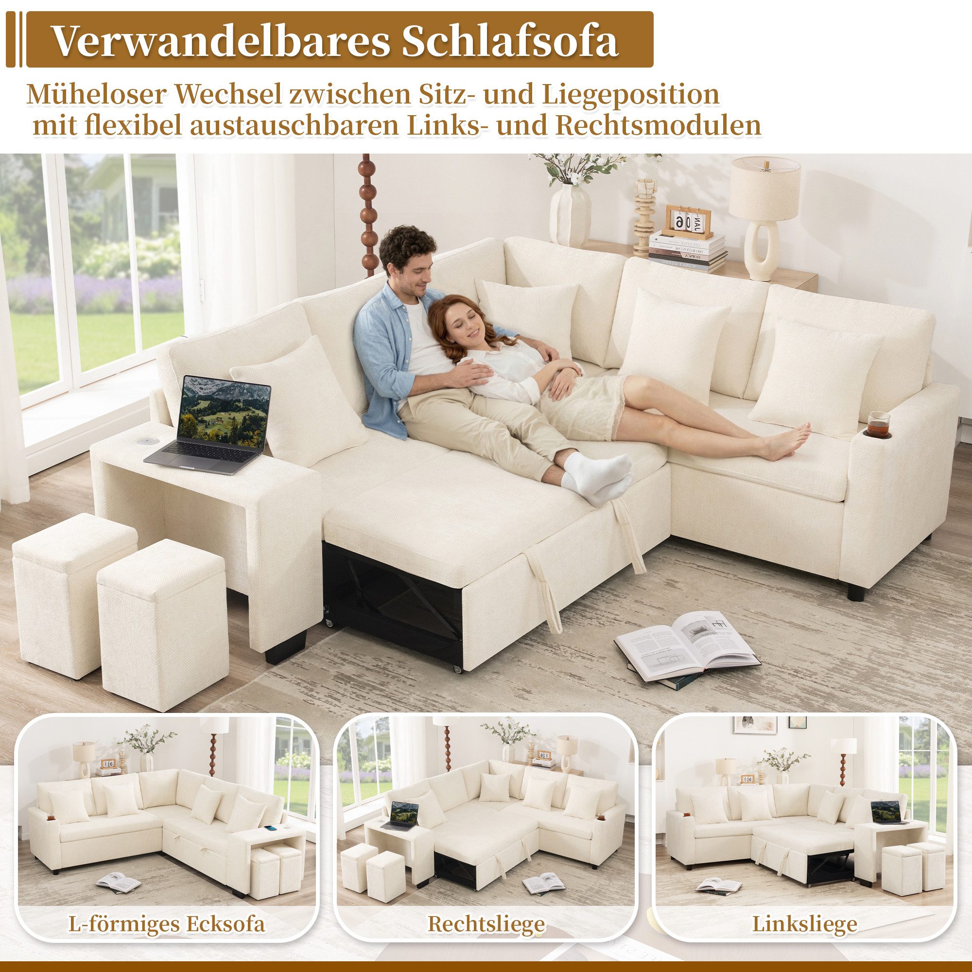 i@home Ecksofa L-förmiges Umwandelbares Schlafsofa, mit Schlaffunktion,Stauraum, USB-und USB-C Anschlüsse,Breite Armlehnen