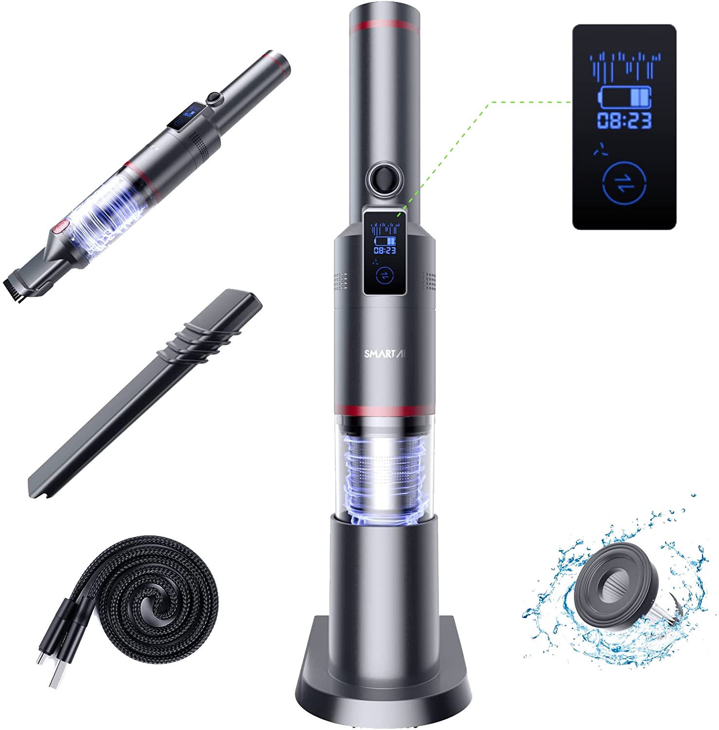 SMARTAI Akku-Handstaubsauger SmartAI H5 Kabellos - Kompakter Akkustaubsauger, 120,00 W, beutellos, 15000 PA, 7x 2.500mAh, LED,mit Drei Modi Option & Innovativem Display