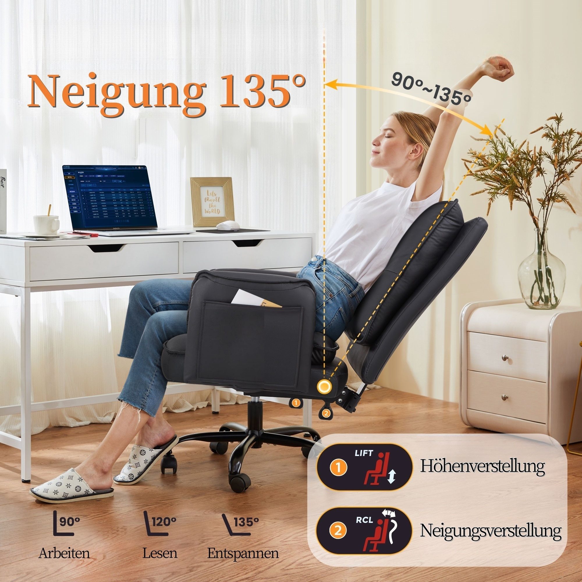 IWMH Chefsessel Ergonimischer Bürostuhl mit Armlehnen (Höhenverstellbarer Einzelsofa mit Rollen), Schreibtischstuhl für Büro Wohnzimmer Schlafzimmer Gaming – Bild 4 von 5