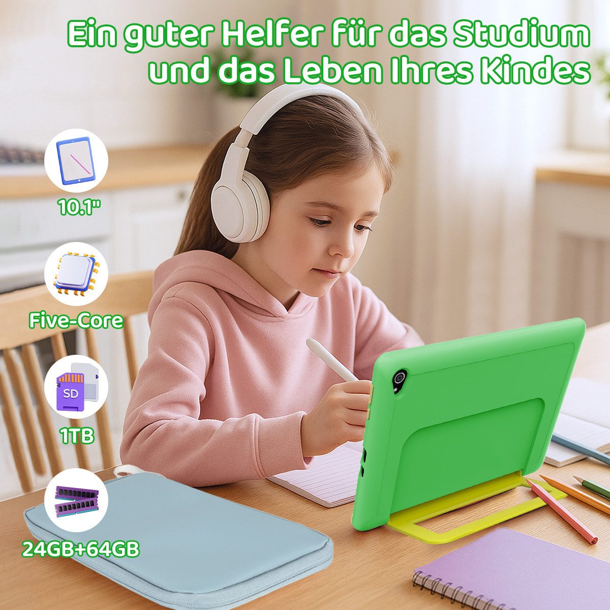 BUFO 10 Zoll 24(3+21)GB RAM+64GB ROM 1280x800 HD-Display Android16 Kinder Tablet (10,1", 64 GB, Android 16, WIFI, Anti-Blaulicht, Vorinstallierte Kinder Lernsof – Bild 3 von 5