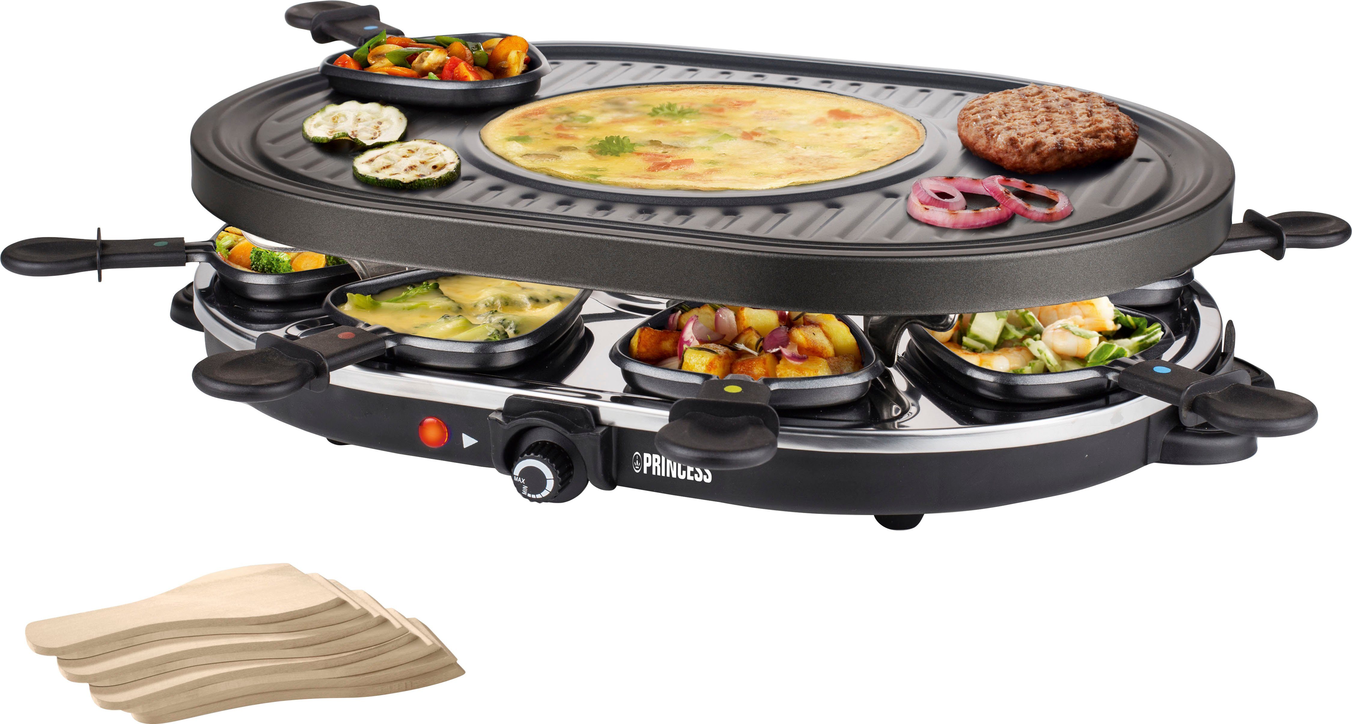 PRINCESS Raclette 8 Raclettepfännchen, 8 Oval Pfannen, - Pfännchen W, 1200 Multifunktionale Holzschabern und - inklusive 162700 8 Platte, 8