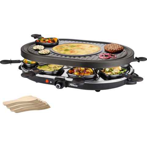 PRINCESS Raclette 162700 - Oval - 8 Pfannen, 8 Raclettepfännchen, 1200 W, Multifunktionale Platte, inklusive 8 Pfännchen und 8 Holzschabern