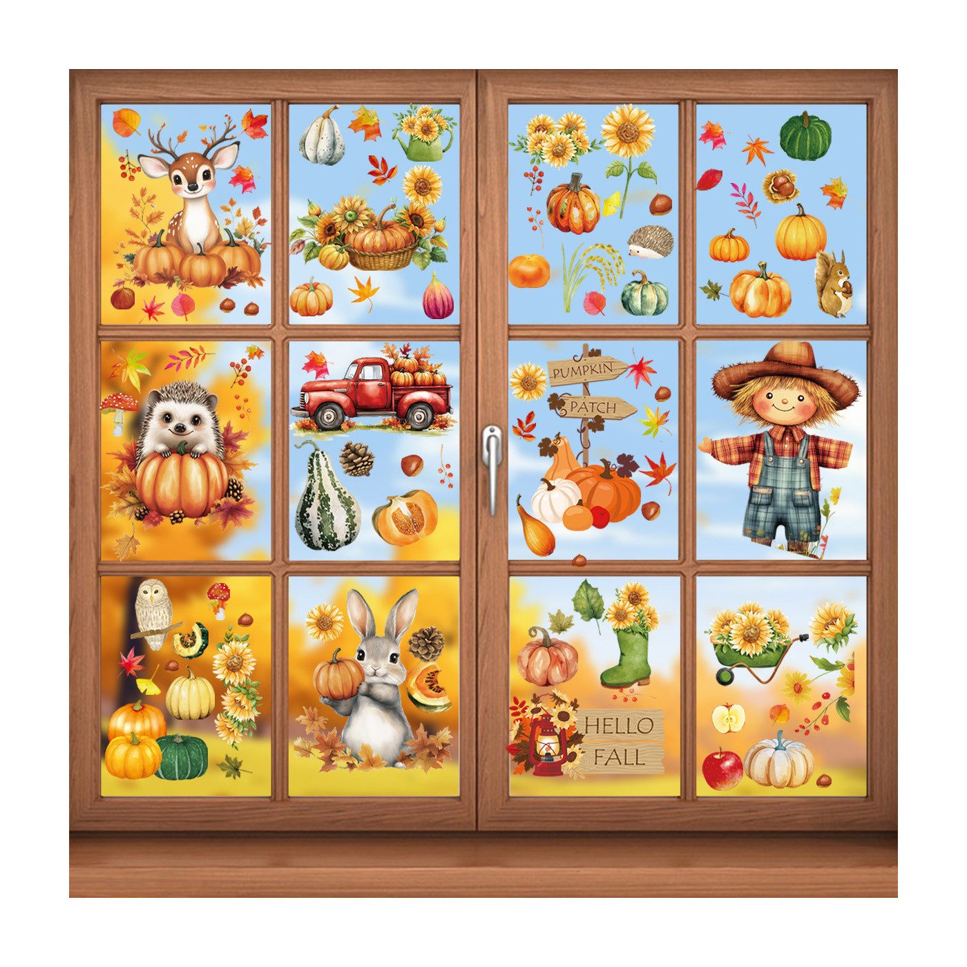 Sorvyzxn Fensterbild Fensteraufkleber Herbstdeko mit Kürbis & Ahornblatt, selbstklebende Fenstersticker für Thanksgiving & Herbstdekoration