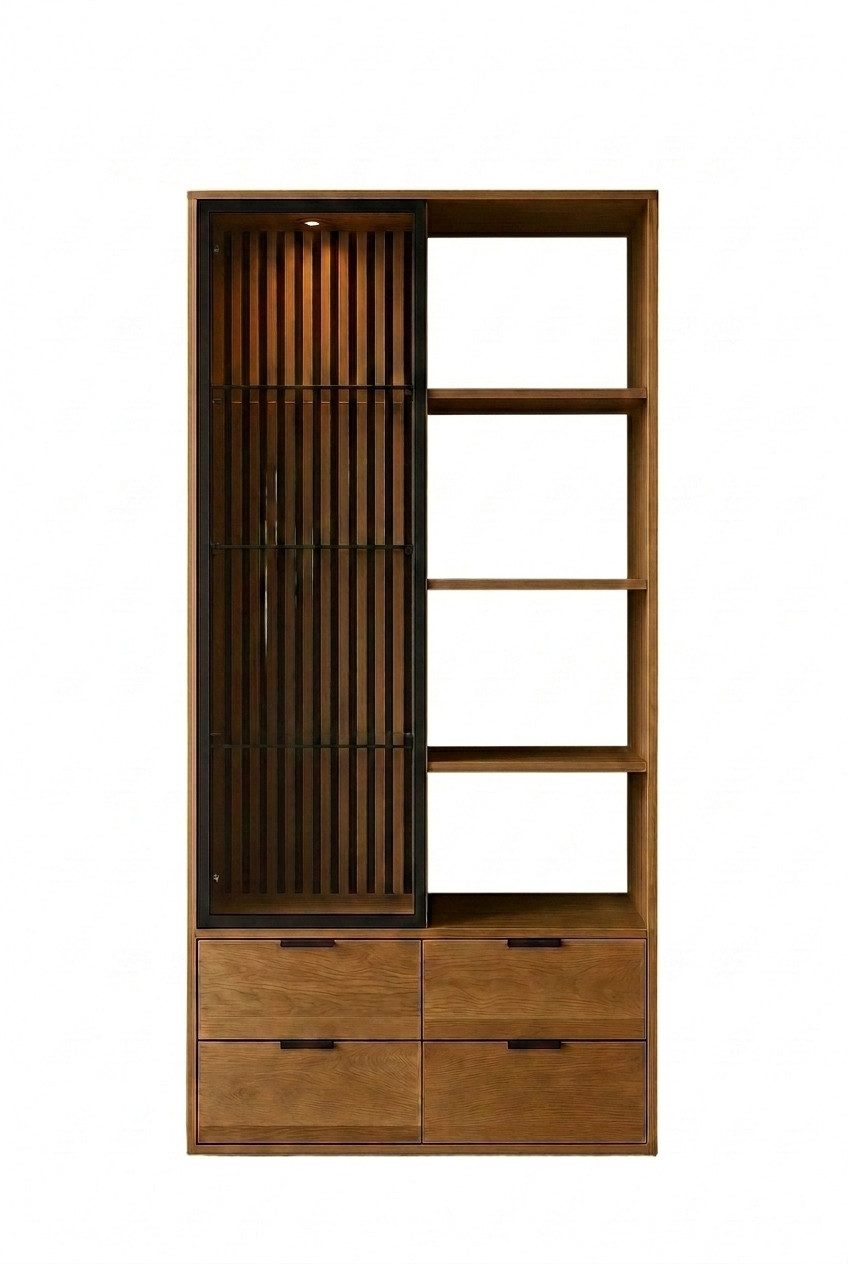 WOLF MÖBEL Vitrine NAMIBIA Vitrine mit 1 Glastür/4 Schubladen/4 Ablagen/Licht (90 x 40 x 190)