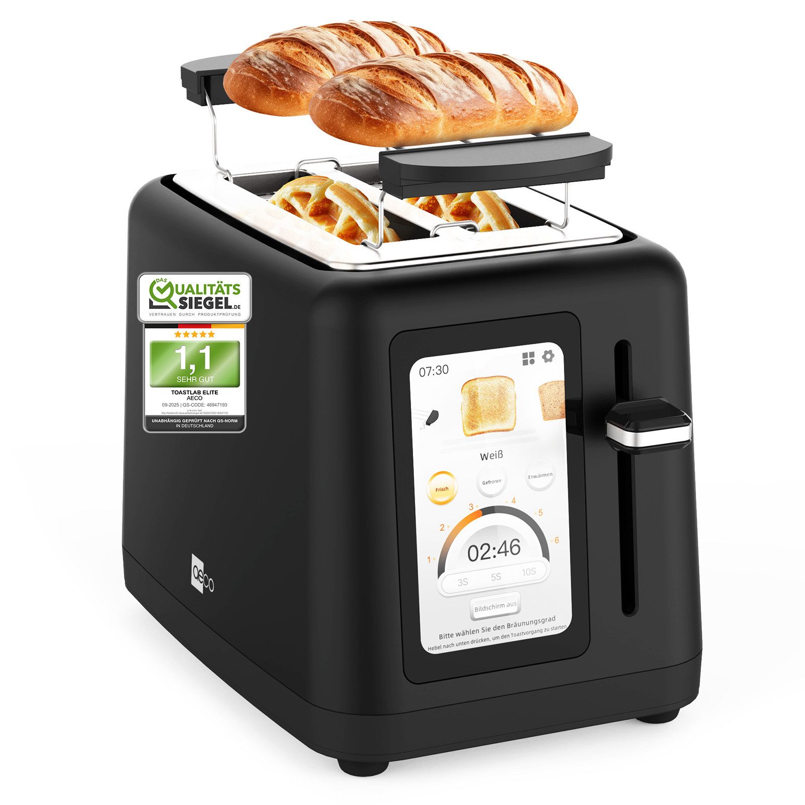 AECO Toaster toastlab ELITE Touch LCD Display, Zwei extra große Toastschlitze, für verschiedene Brotsorten, 850 W, Bräunungsstufen