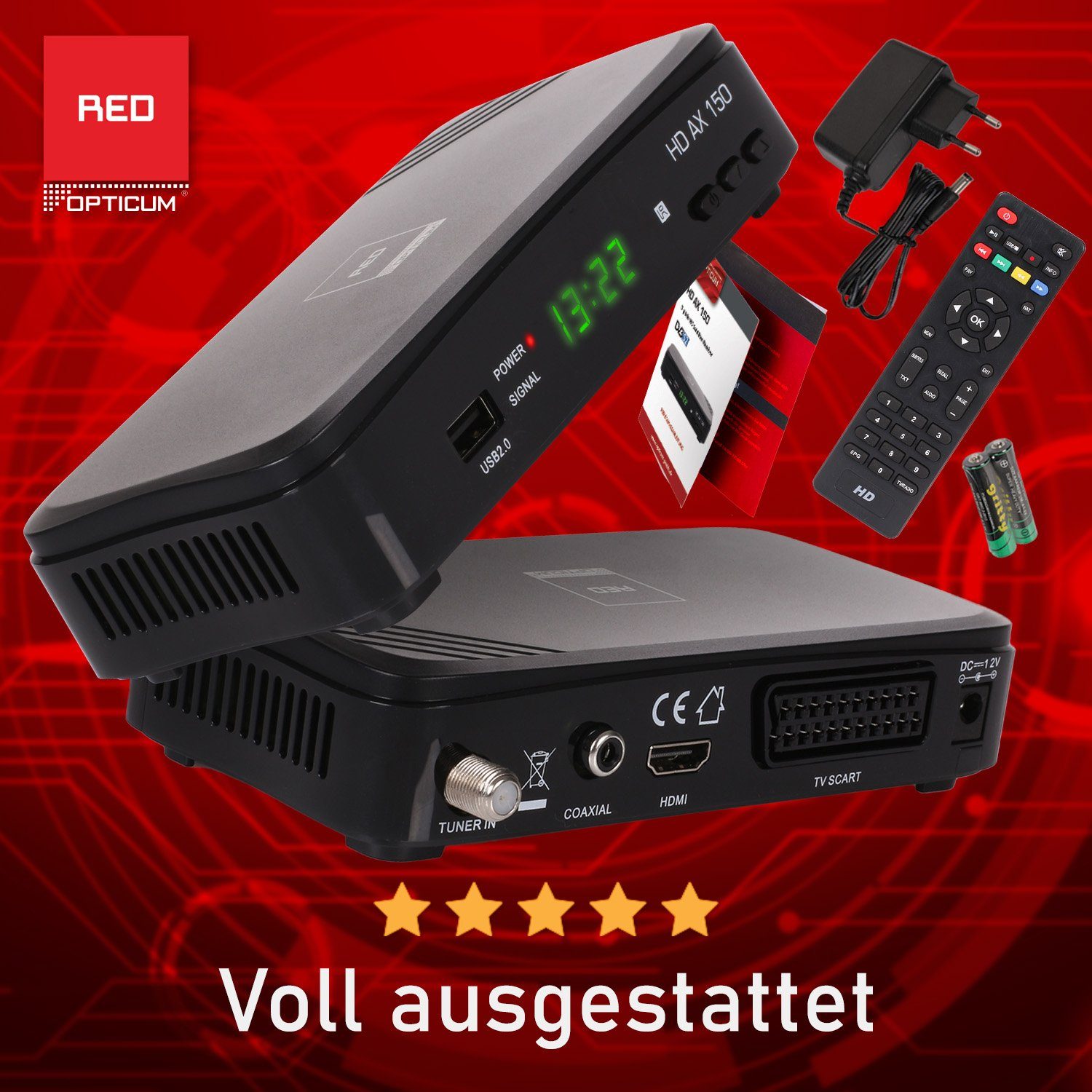 2.0 12V Coaxial, Netzteil) SAT-Receiver - SCART - 150 USB OPTICUM (HDMI HD Camping 12V RED - S/PDIF AX Full - HD